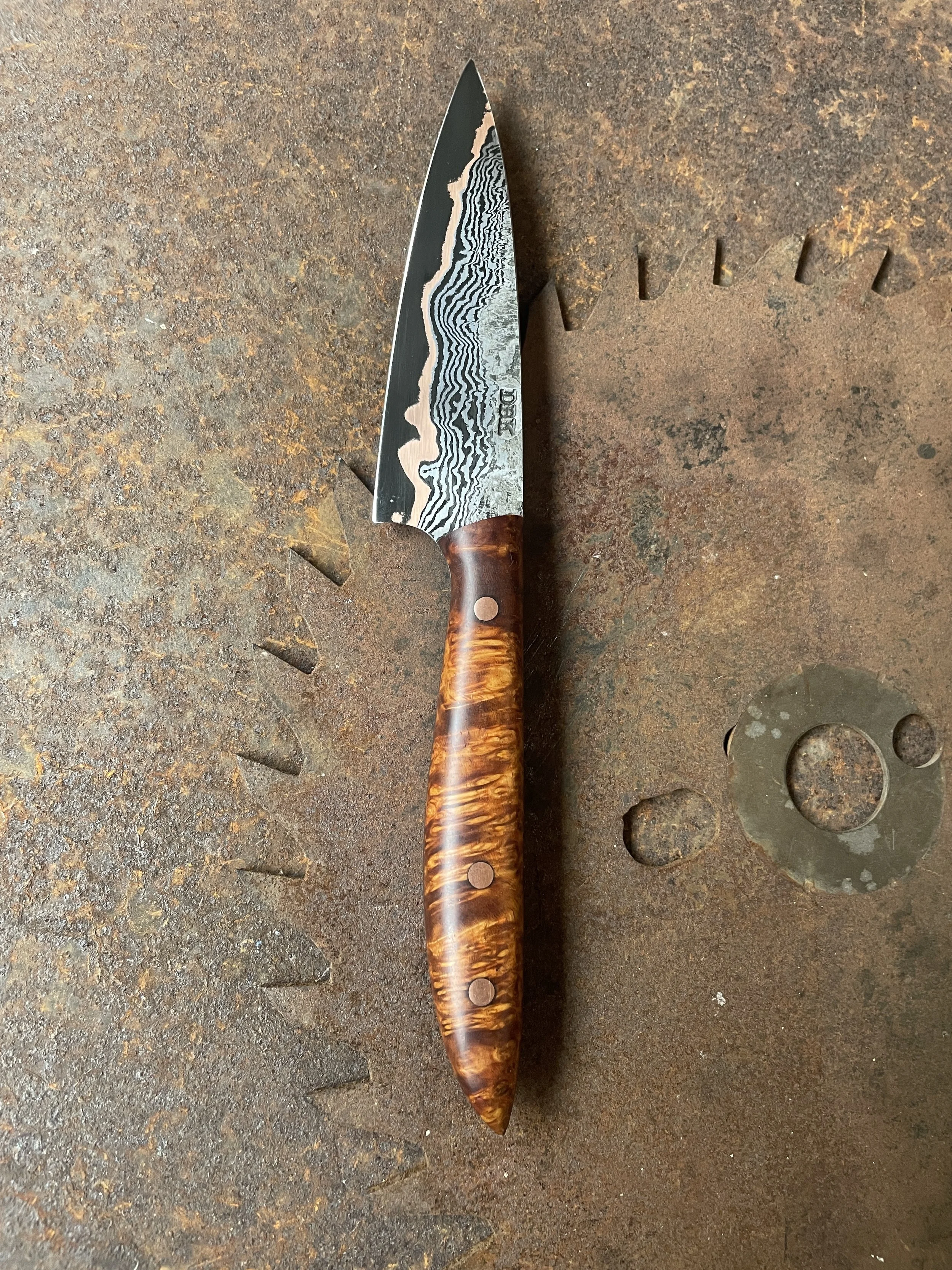 Amboyna Burl Cumai Damascus Paring Knife