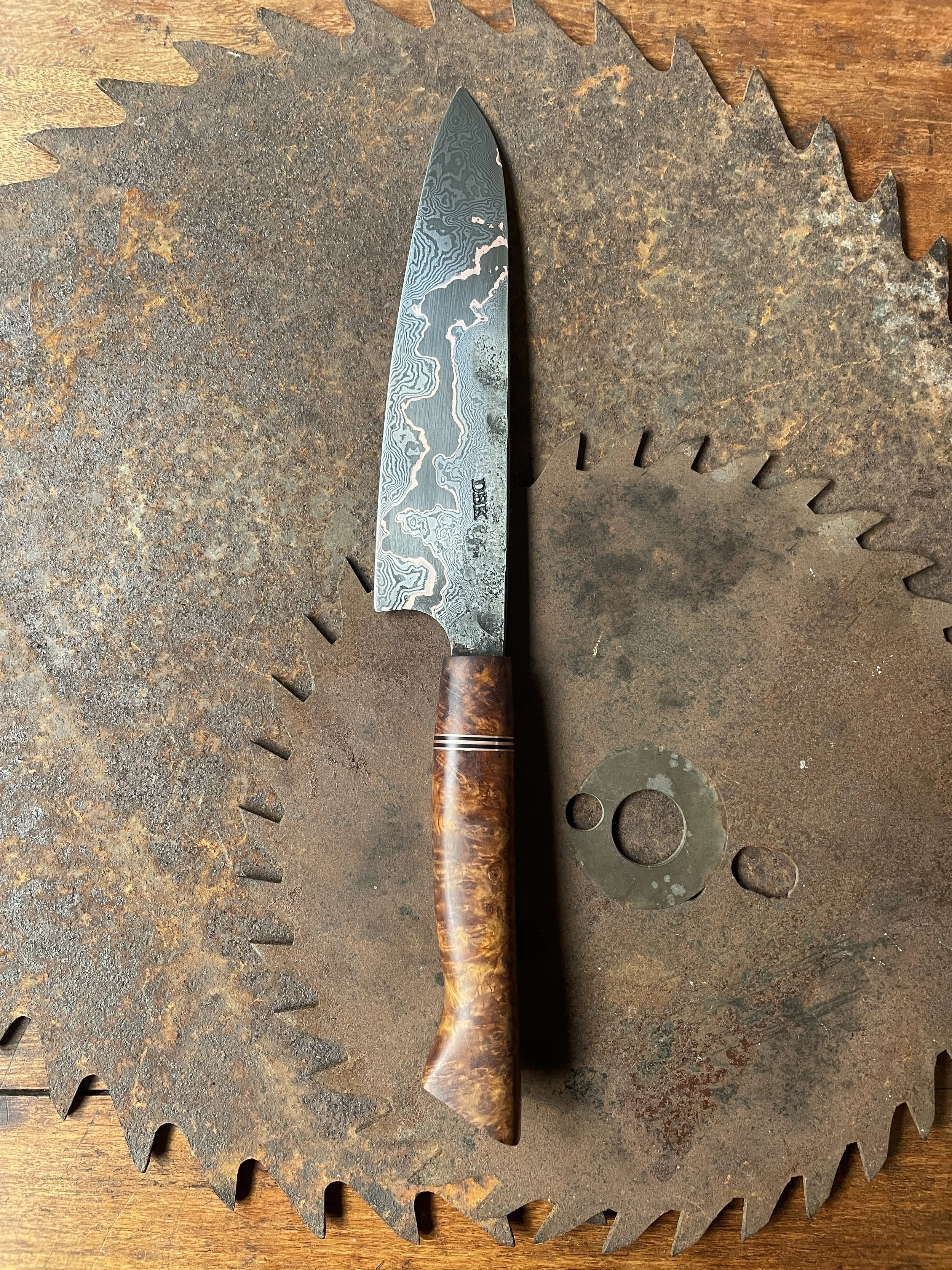 Amboyna Burl Cumai Damascus 18cm Chef Knife