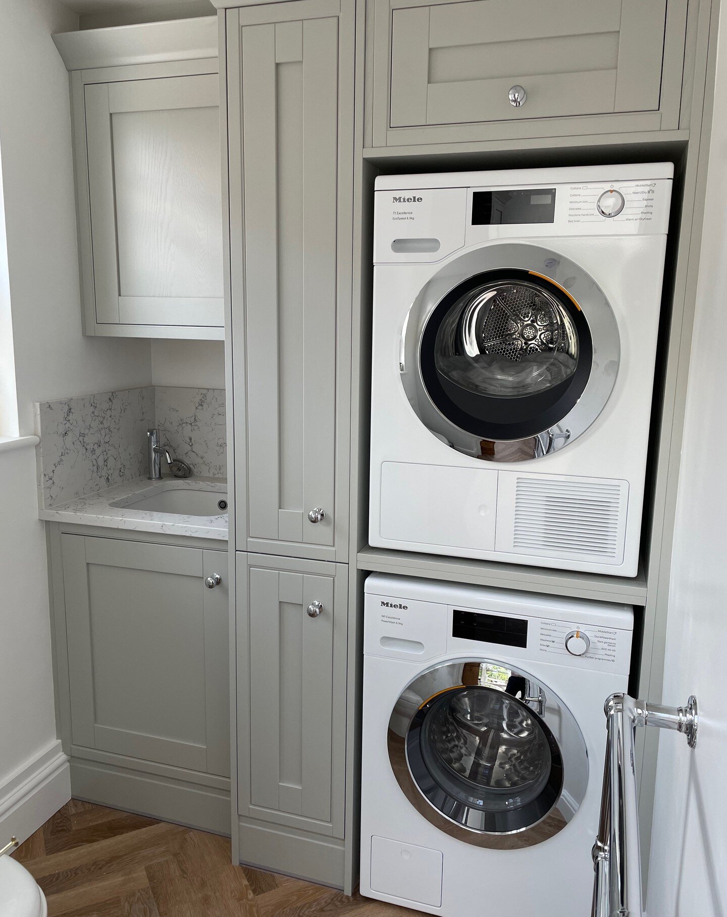 Stacking your Washing Machine and Dryer can help to make the most of the available space, while maintaining a stylish look.

This recently completed Laura Ashley Utility Room contains the latest @miele_gb laundry appliances, including the WEG 365 was