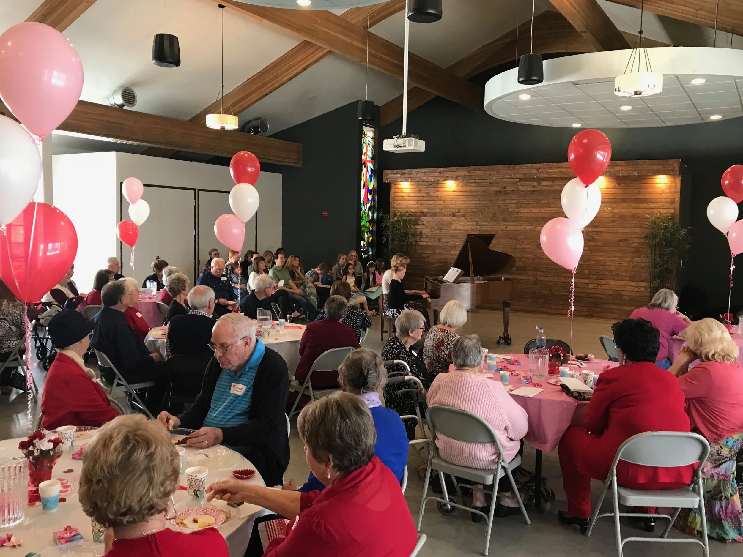 Senior Luncheon underway in the Fellowship Hall (Valentine’s theme).