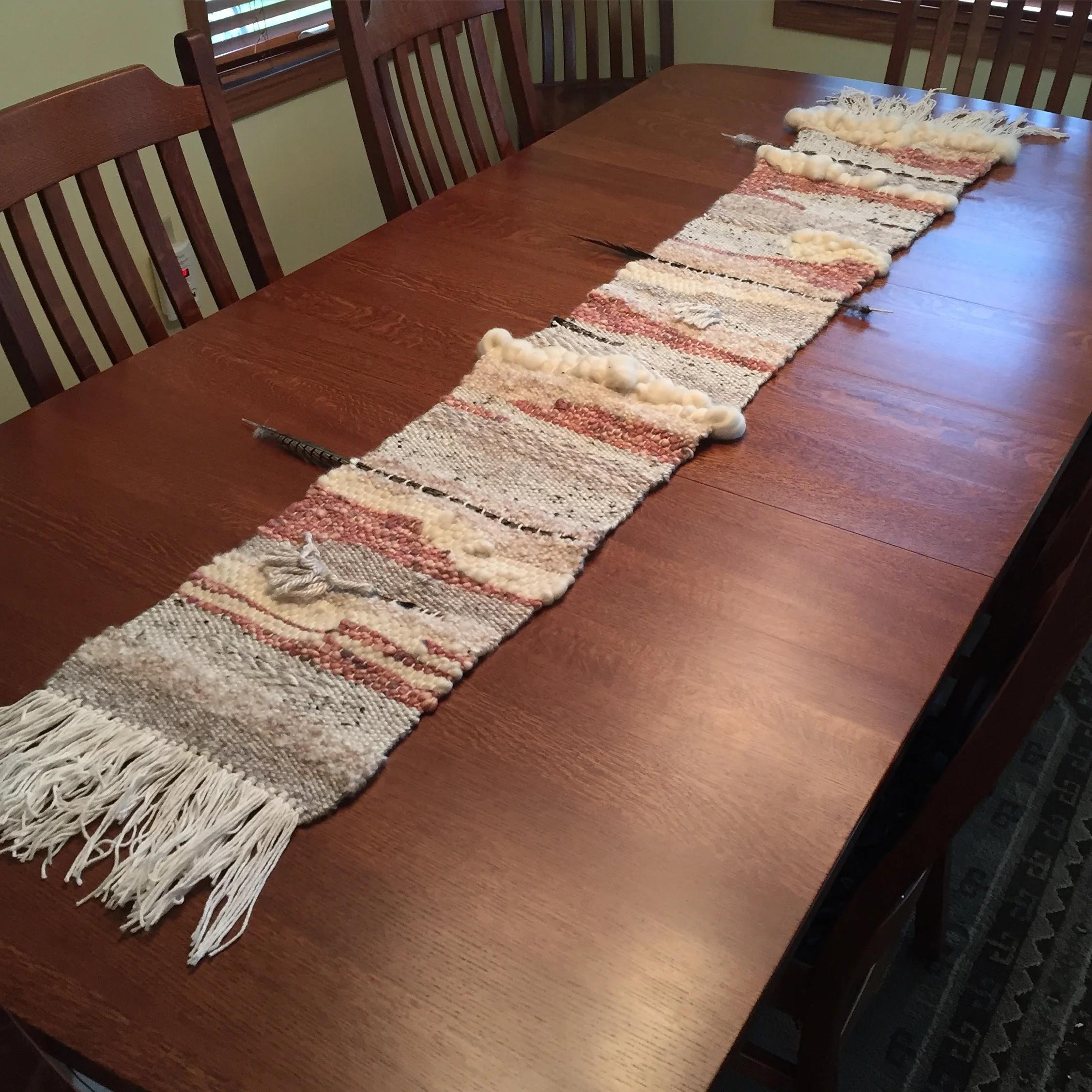 Woven Table Runner, cotton, wool, acrylic, pheasant feathers