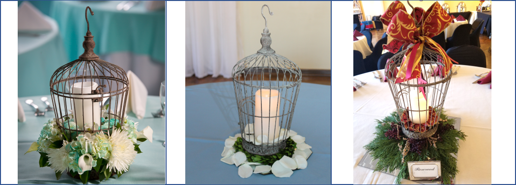 Shown accessorized as elaborate or simple for your special occasion and the birdcage can also be the perfect holiday centerpiece!