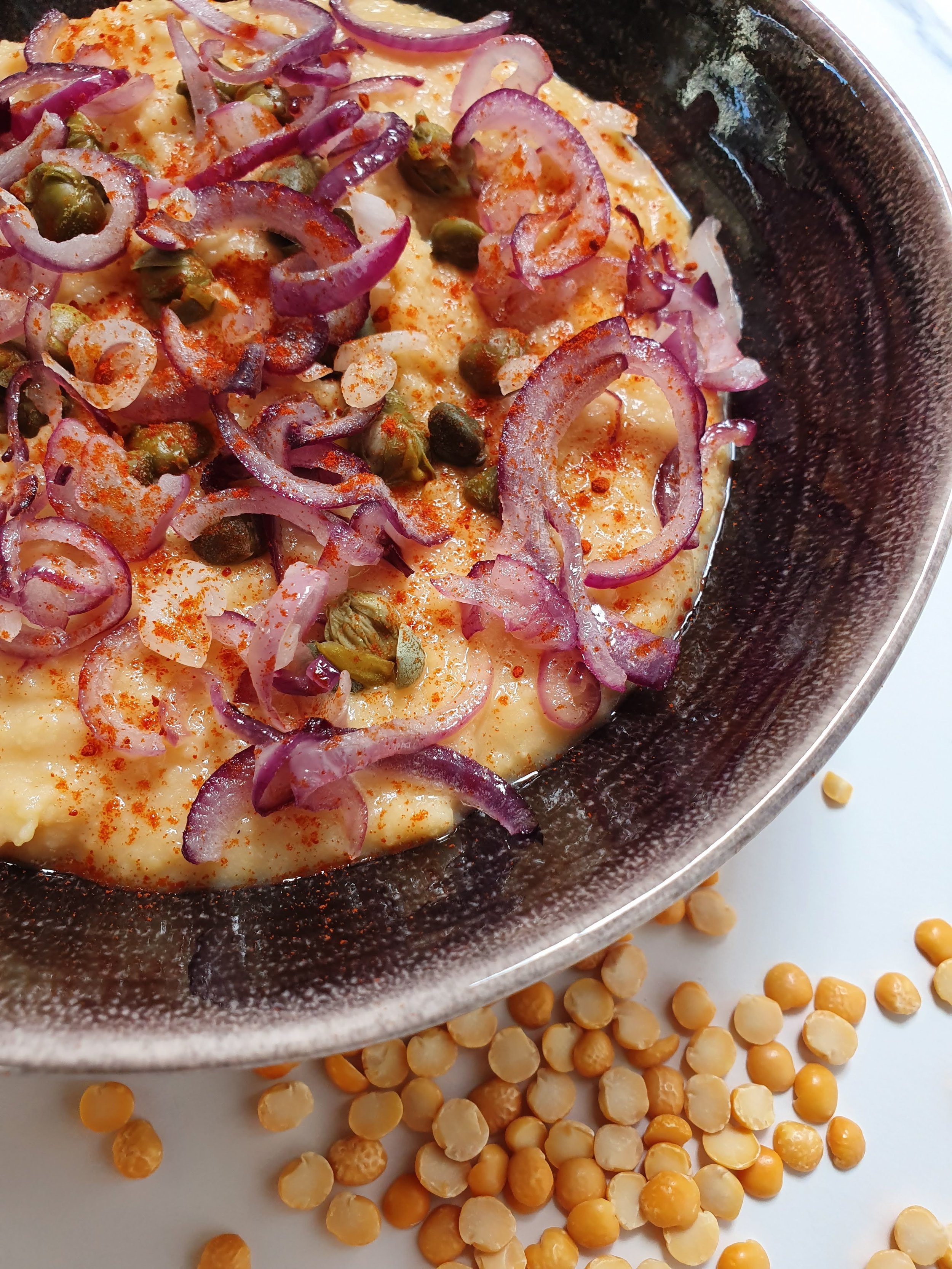Split Pea Dip with Caramelised Onions, Capers and Paprika
