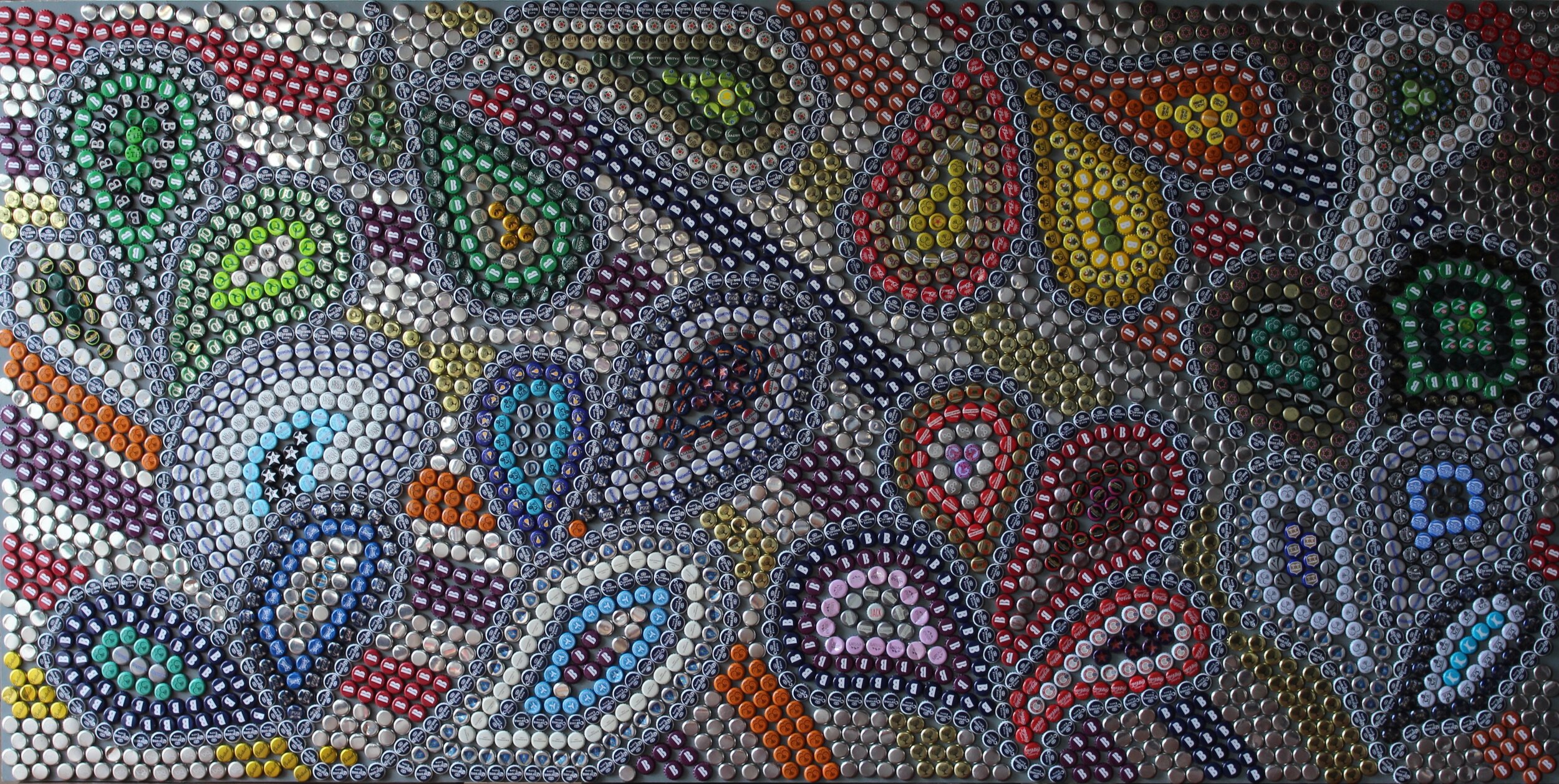 Jungle, 2017 Bottletops on plywood in an oak wood and perspex frame 244cm x 122cm £3200 SOLD