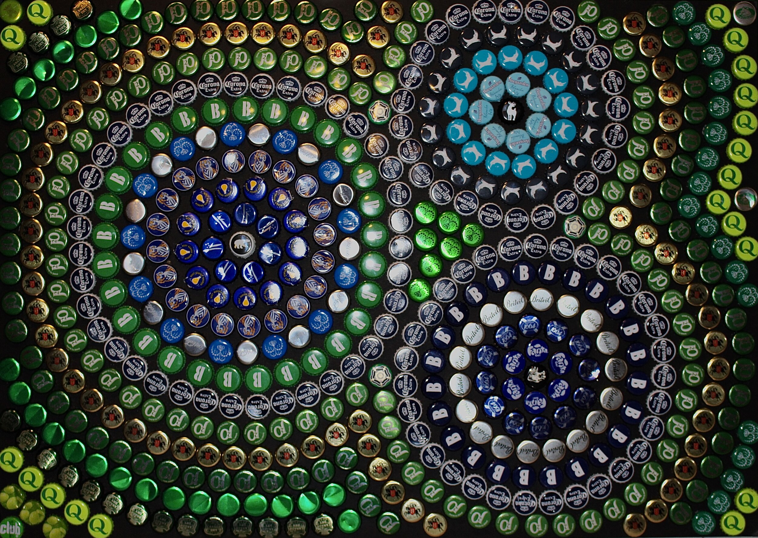 Danish Bear, 2018 Bottletops on mount board in an oak and glass frame, 88cm x 63cm