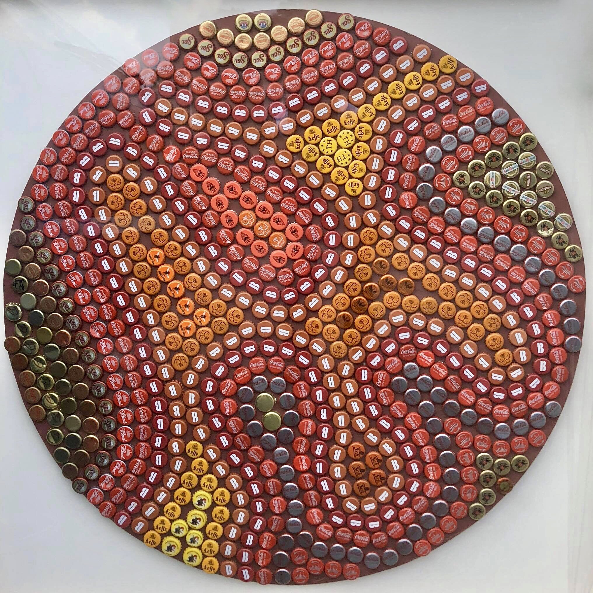 Rounded Brooke 2018, Bottletops on an oak tabletop, 1000 Diameter, SOLD