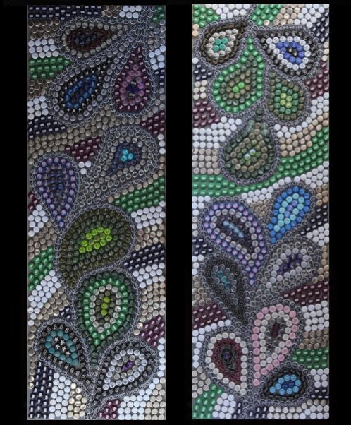 Trip 1, 2017 Bottletops on plywood in an oak wood and perspex frame 62 cm x 183 cm each £3000 SOLD