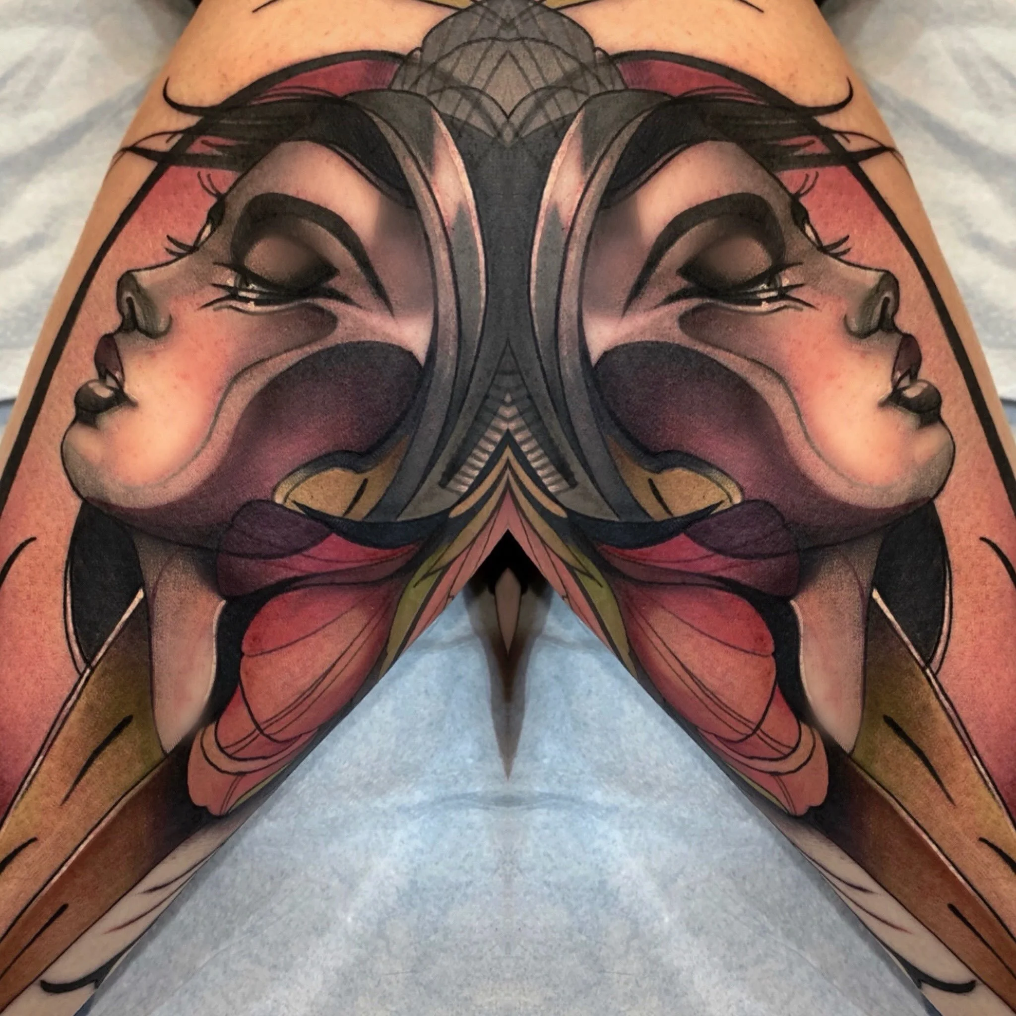 Neo-traditional lady face tattoo with flowers by Gia Rose