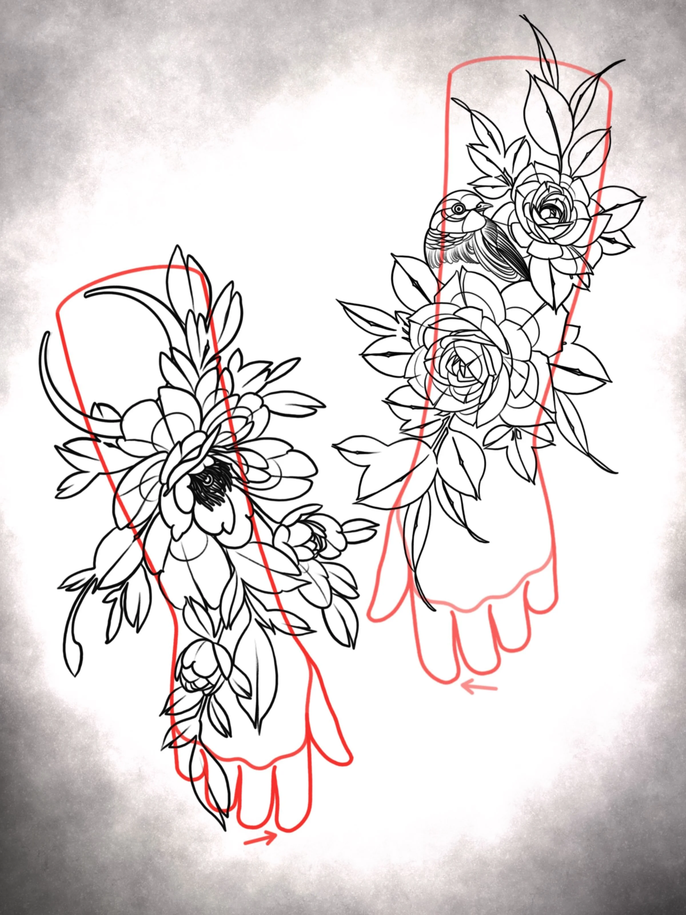 Floral hand and lantern sternum flash designs by Gia Rose
