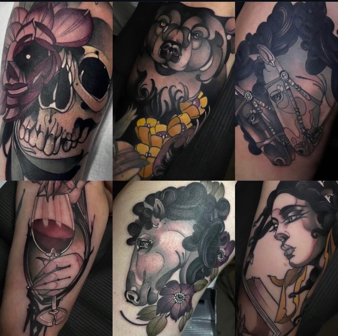 Neo-traditional tattoo portfolio: skull, bear, horse and lady face tattoos by Gia Rose