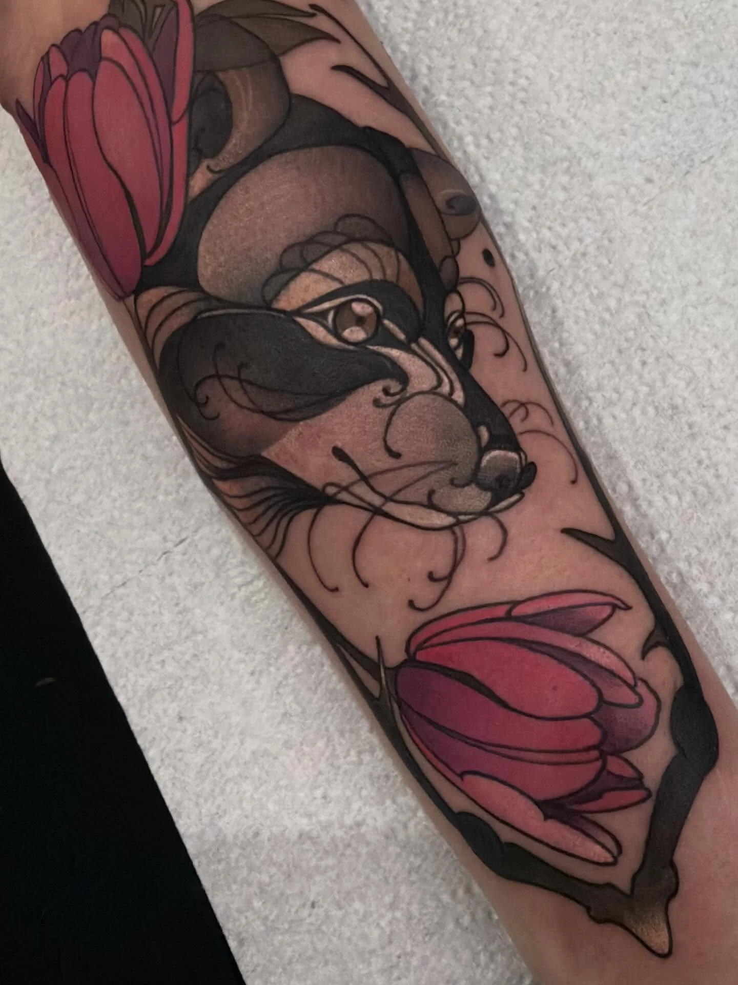 Raccoon and tulip tattoo by Gia Rose