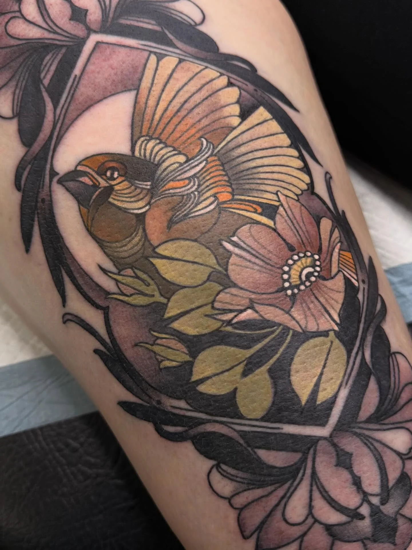 Bird and floral tattoo by Gia Rose