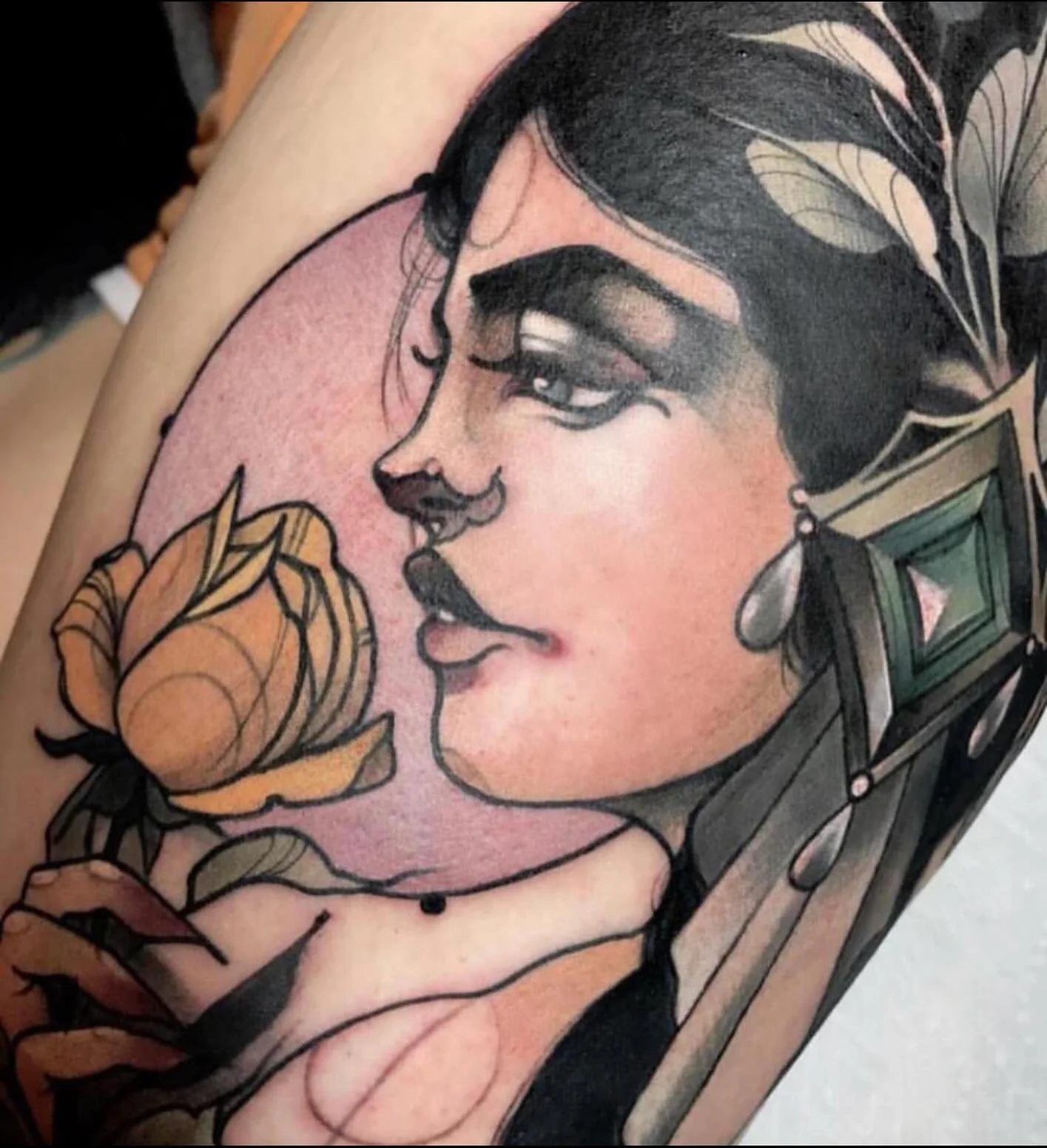 Neo-traditional lady and rose tattoo by Gia Rose