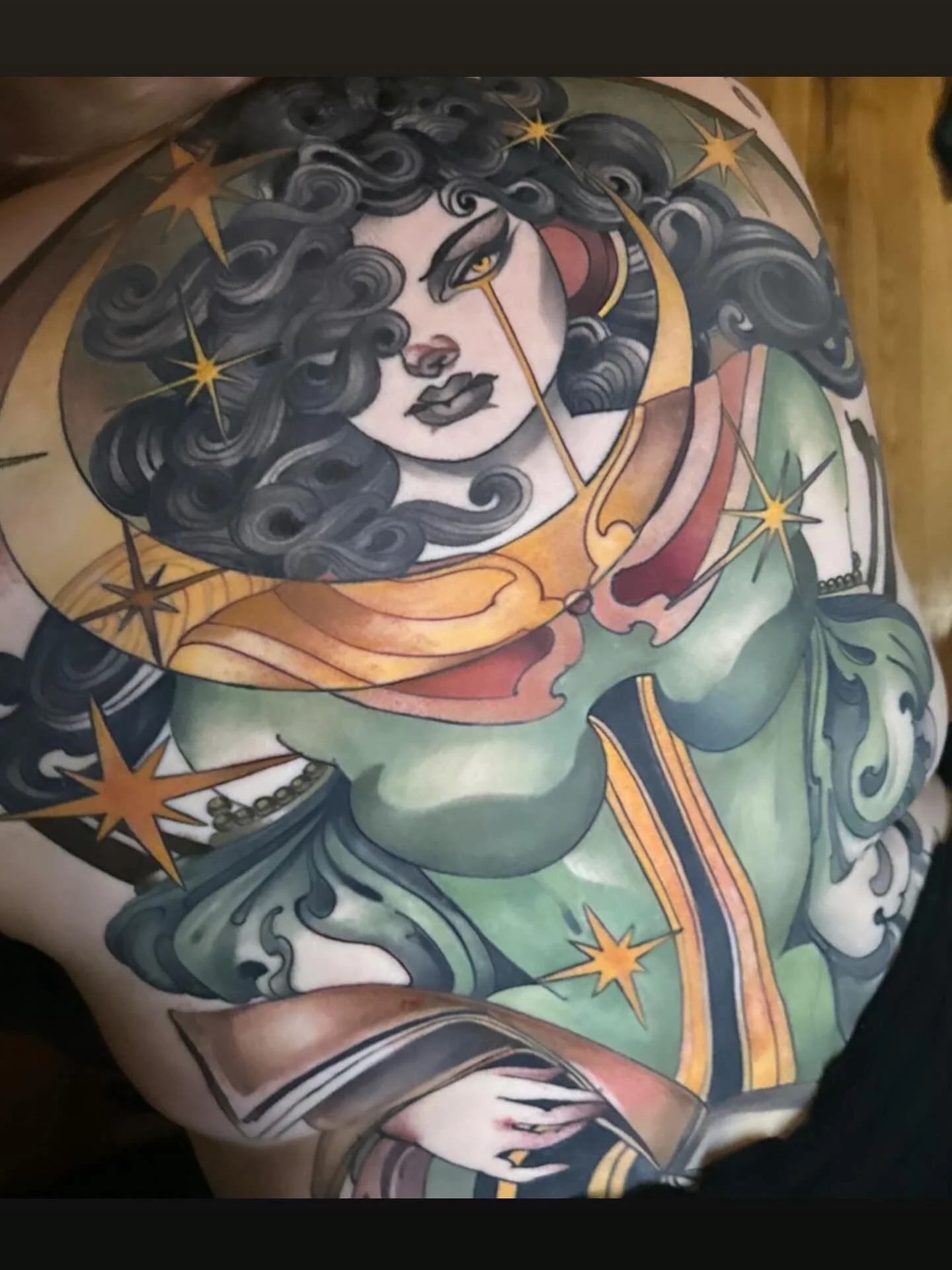 Large celestial back piece tattoo by Gia Rose