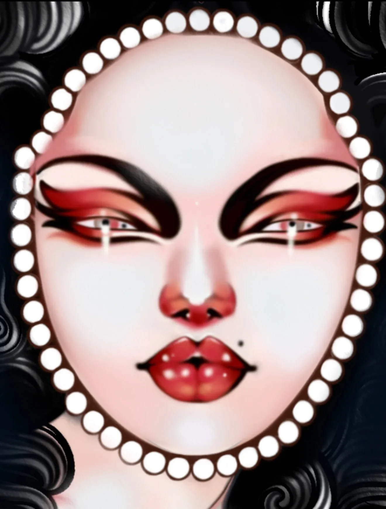 Gia Rose painting, close up: a lady's face in a halo of pearl beads, weeping, with red winged eyeliner and red lips