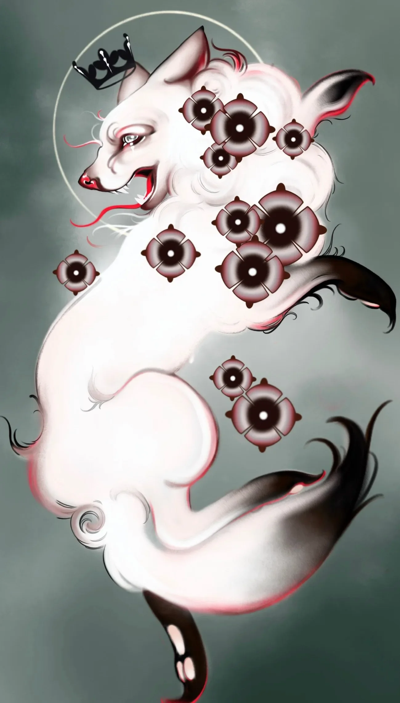 The Crowned Fox — Gia Rose painting of a white crowned fox-creature with dark eye-flowers on sage green