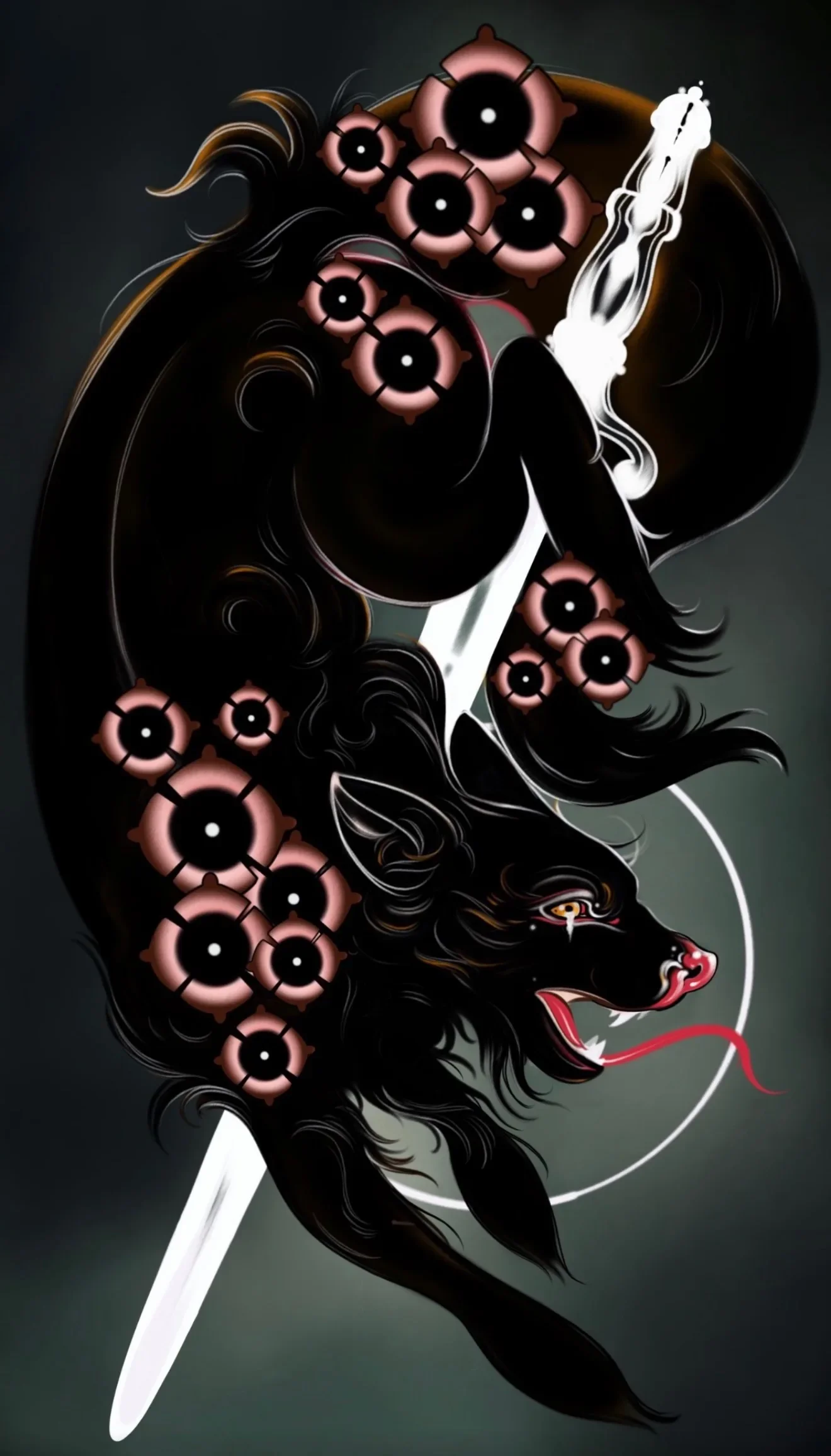 The Black Wolf — Gia Rose painting of a black wolf with a white dagger and pink eye-flowers on dark sage
