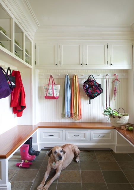 Crisp and clean mudroom with dog