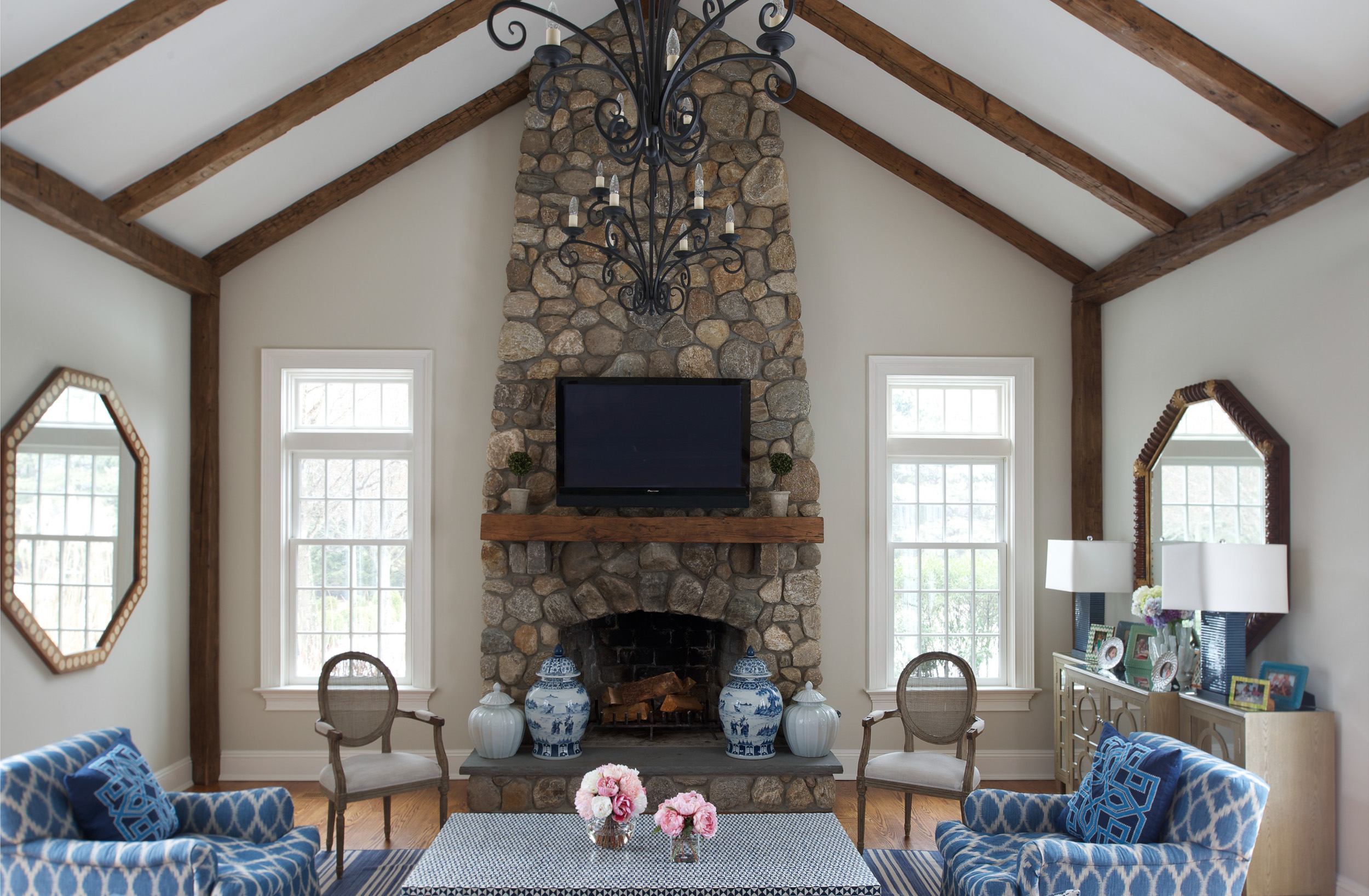 Family room with stone fireplace