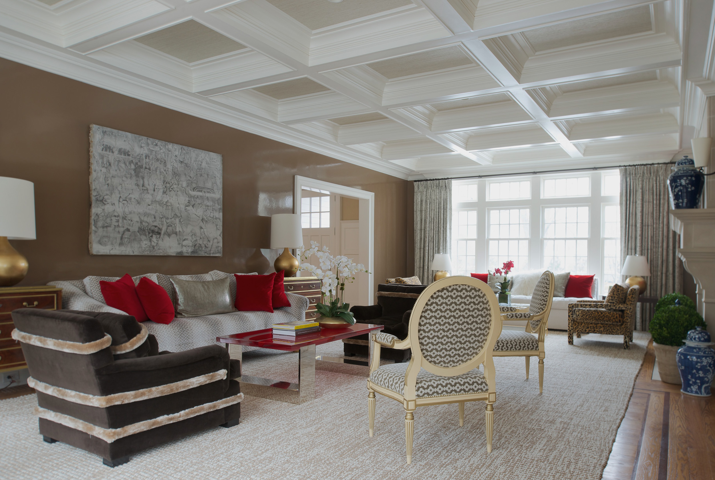 Living room with coffered ceiling