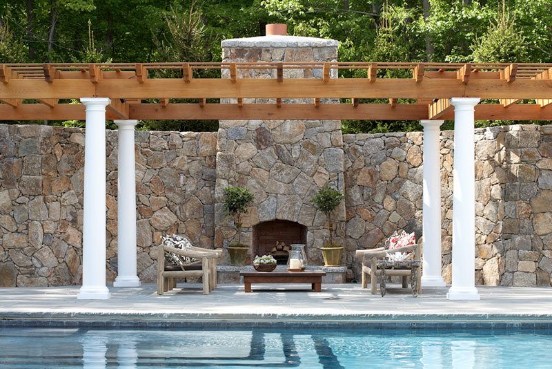 Outdoor fireplace, poolside