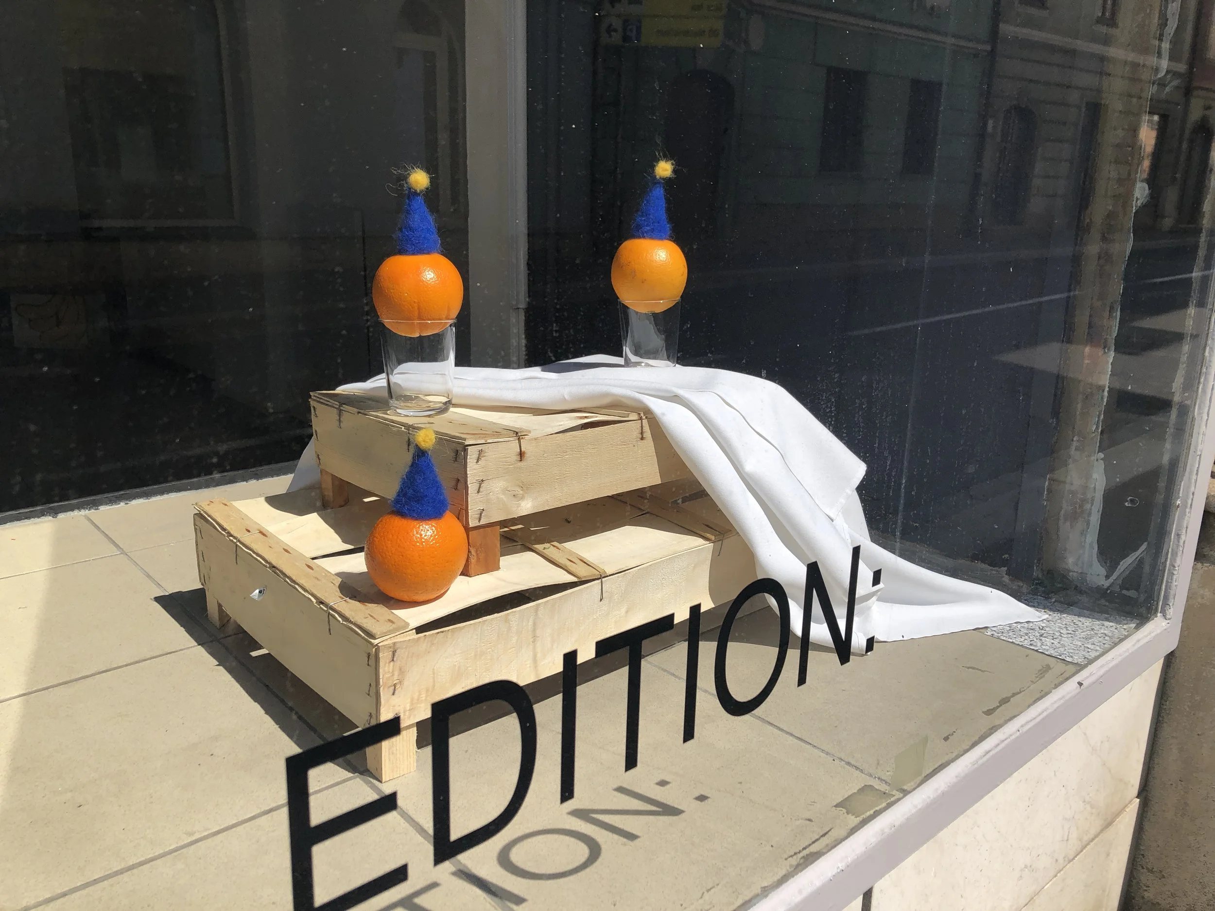 'Fruit Friends - a still life party', still life installation, at my solo show 'A Gentle Reminder', May 2019, EDITION, Linz, Austria