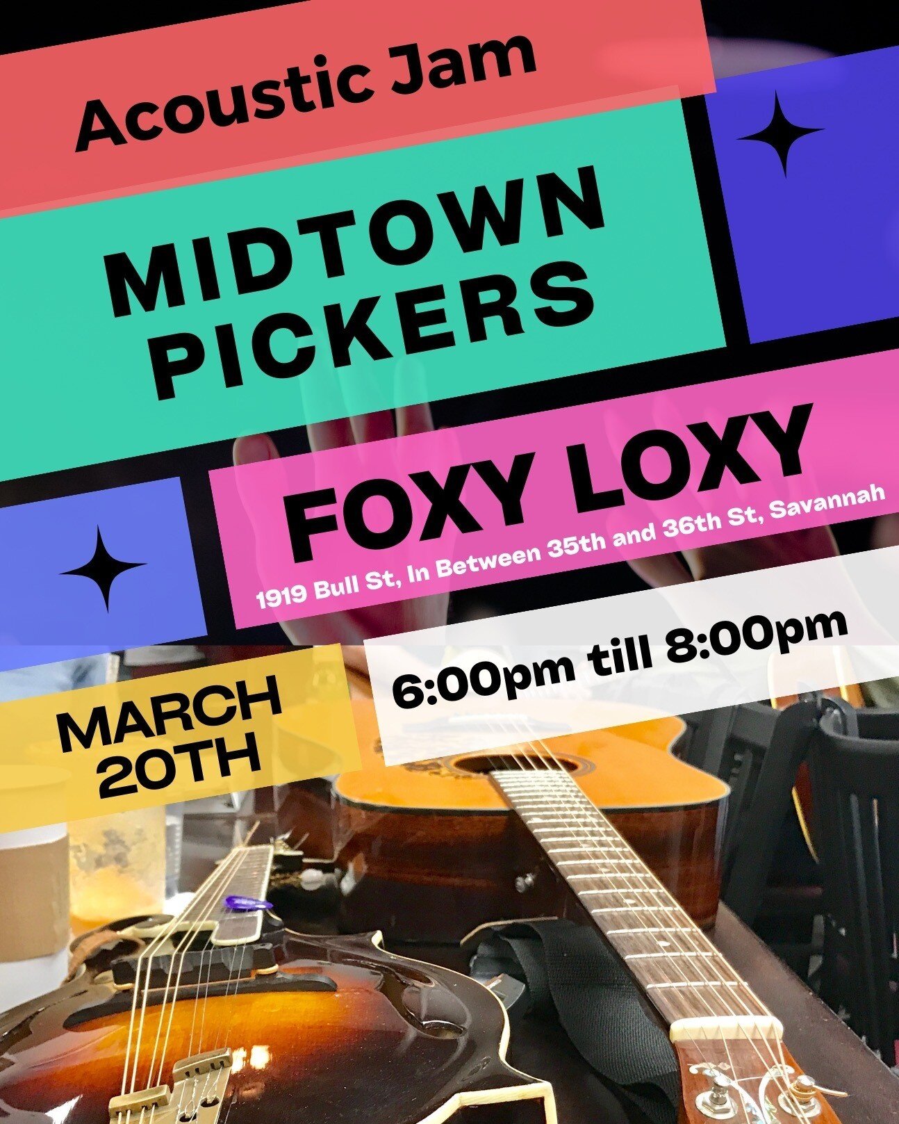 TONIGHT from 6-8PM at Foxy Loxy! Join the Midtown Pickers Acoustic Jam Session Group for a musical journey like no other! For over 10 years, the Midtown Pickers have been the heartbeat of Wednesday evenings in Savannah, bringing together a diverse gr