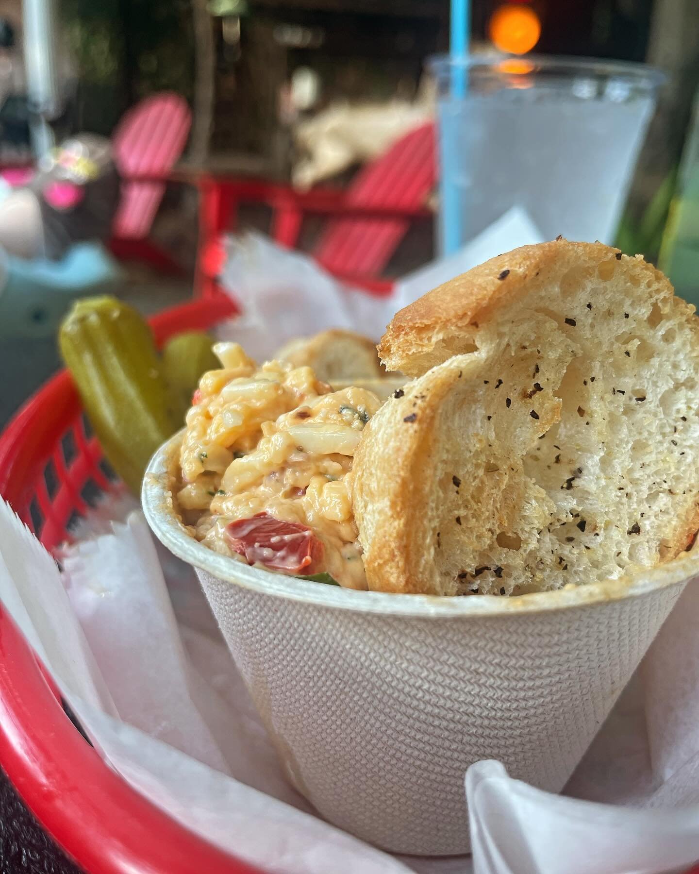 Have you tried our new menu item?! Sky&rsquo;s Pimiento Cheese, a little smoky, a little chipotle heat, served with toasted baguette and an okra spear 😋 Come hang with us for Fire &amp; Wine tonight from 6-9pm and give that pimiento cheese a try 💃
