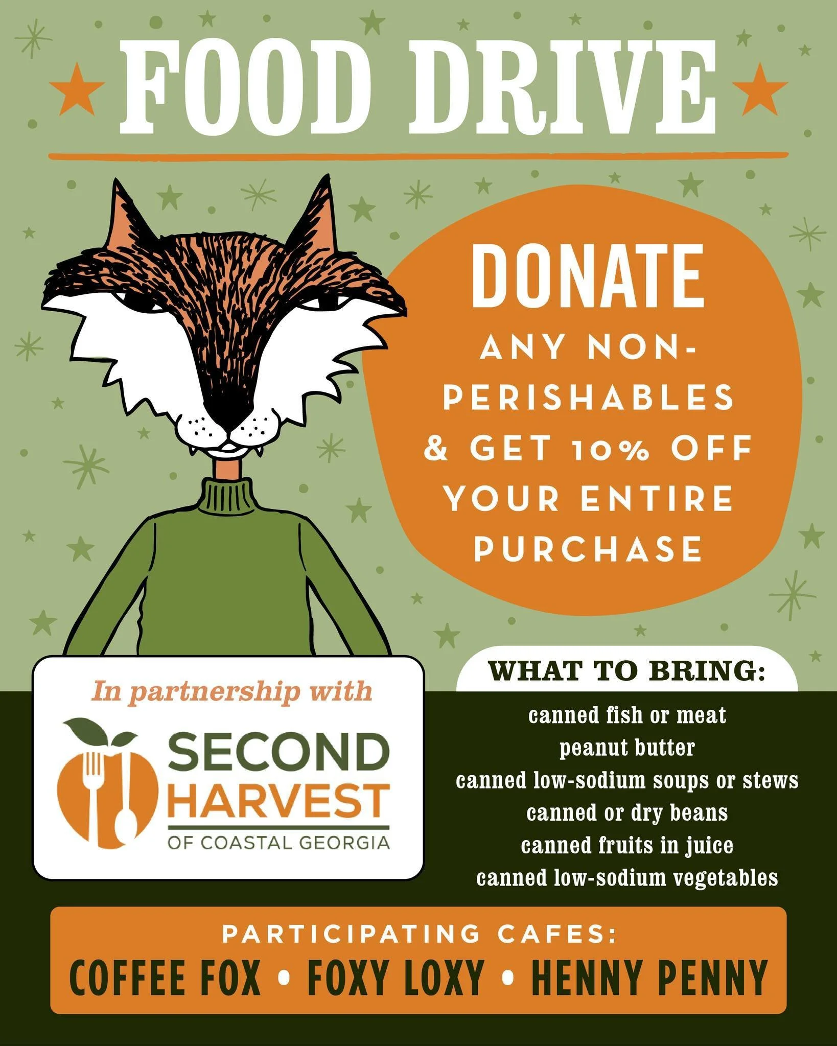 ✨ Give back &amp; save! ✨
We&rsquo;re partnering with @secondharvestofcoastalgeorgia to help fight hunger. Drop off any non-perishable food items in our collection box and enjoy 10% off your entire purchase as a thank you!

📍 Participating caf&eacut