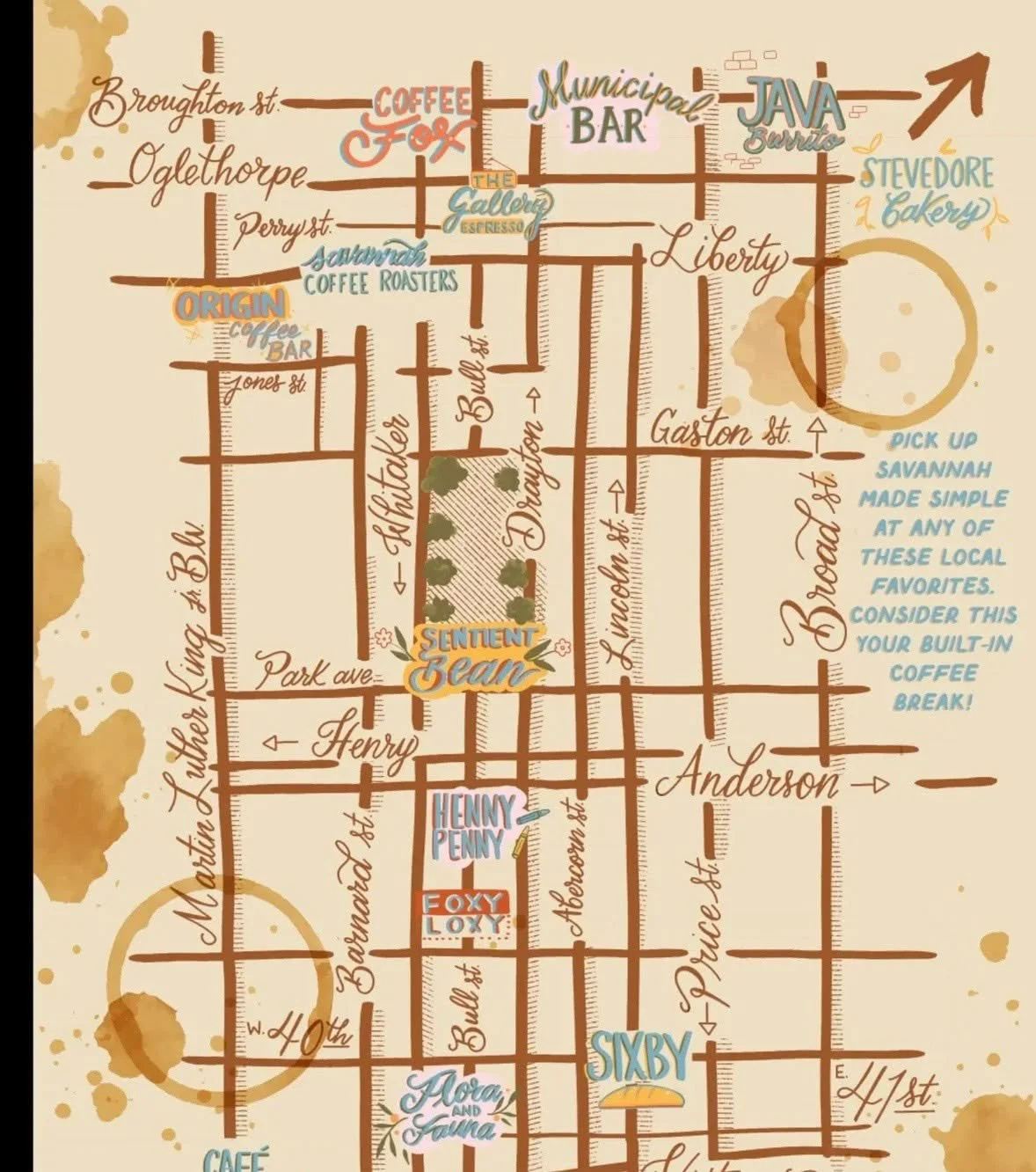 Feeling honored to be featured on @savannahmadesimple  beautifully illustrated map of Savannah&rsquo;s favorite gathering spots. 🗺️☕ We love being part of this amazing community!

Join us for Fire &amp; Wine Saturdays from 6&ndash;9 p.m. &mdash; hal