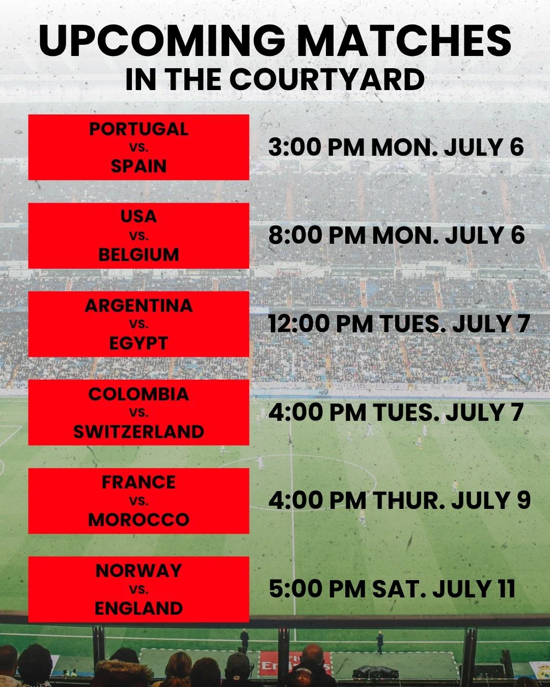 World Cup energy all week. ⚽️ Join us in the courtyard for matches, good food, cold drinks, and a space to cheer together. Bring your friends and settle in&mdash;kickoff starts here.

#WorldCupWatchParty #CourtyardVibes #GameDayGathering