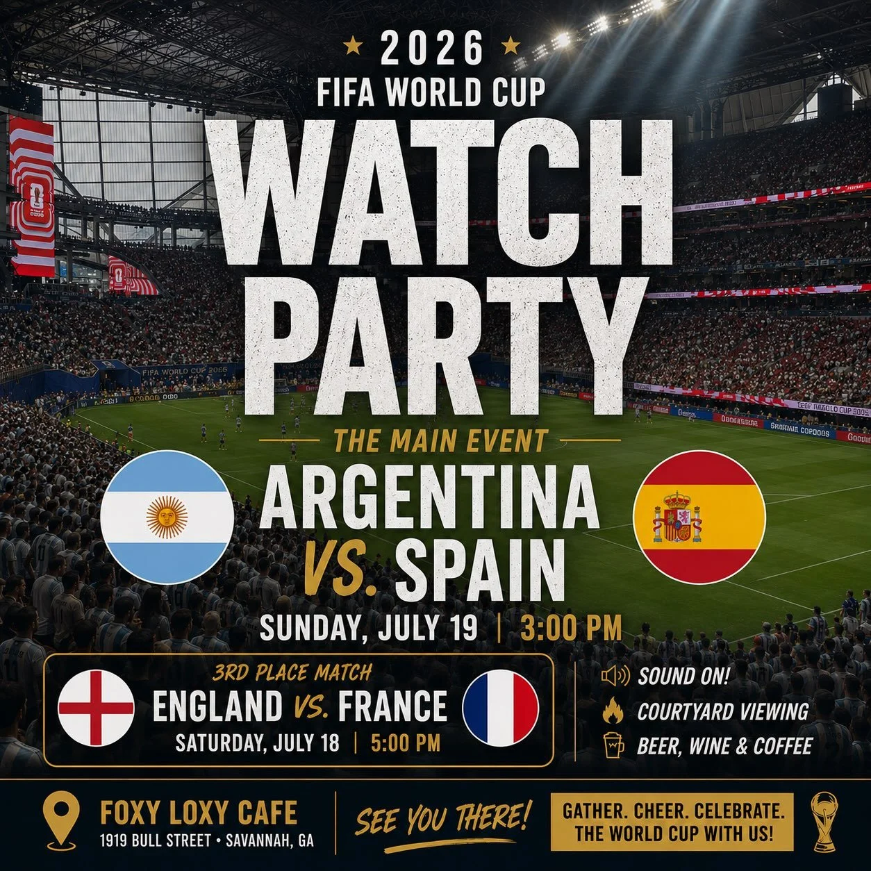 What an amazing summer filled with a World Cup that has not disappointed! Come see the last two matches with us in the courtyard. Saturday at 5pm and Sunday at 3pm. Vamos!

#visitsavannah #coffeeandfutball #starlanddistrict #courtyardlifeisbeautiful 