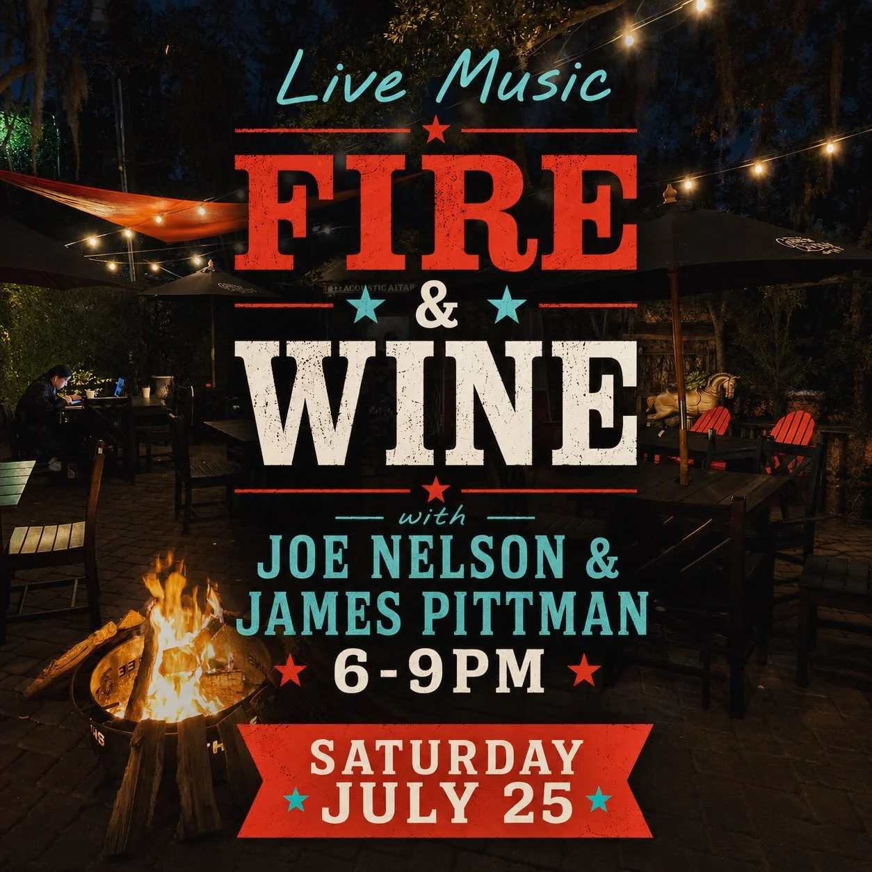 Join us for Live Music Fire &amp; Wine this Saturday from 6-9pm🍷🔥
Enjoy half-priced bottles of wine, roast complimentary marshmallows, and settle in for a summer evening of live music. 

This week Joe Nelson &amp; James Pittman bring sounds of the 