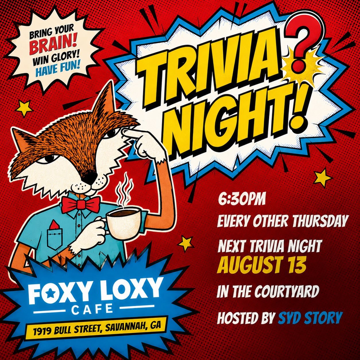 Get ready for another Foxy Trivia night! See you Thursday.

#visitsavannah @enjoysavannah #starlanddistrict #coffeehousevibes #greatgoodplace