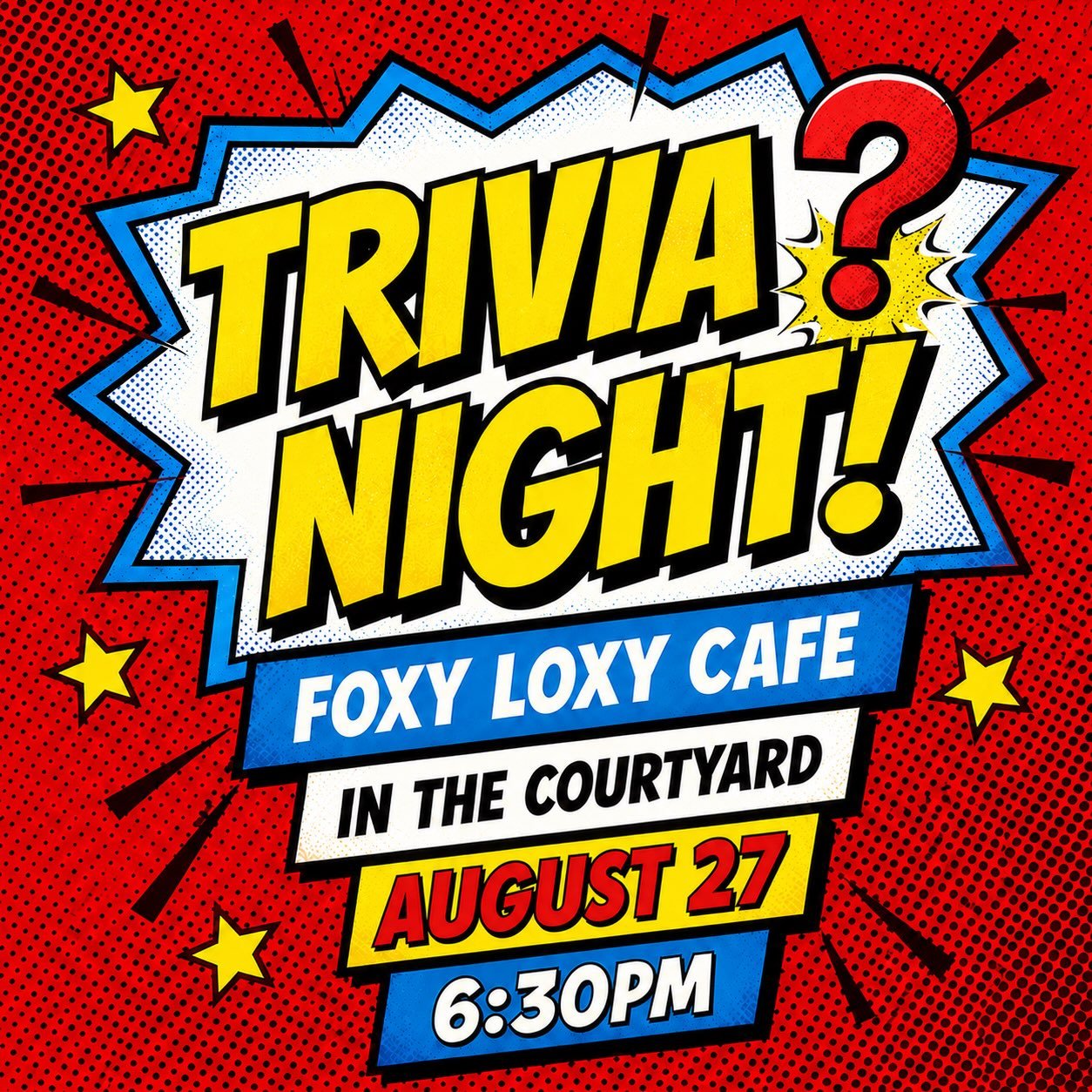 Join us for Trivia Night tonight at 6:30pm. Hosted by our own Syd Story, each night features fun questions, friendly competition, and a relaxed atmosphere perfect for gathering with friends. Mark your calendars for Trivia in the courtyard every other