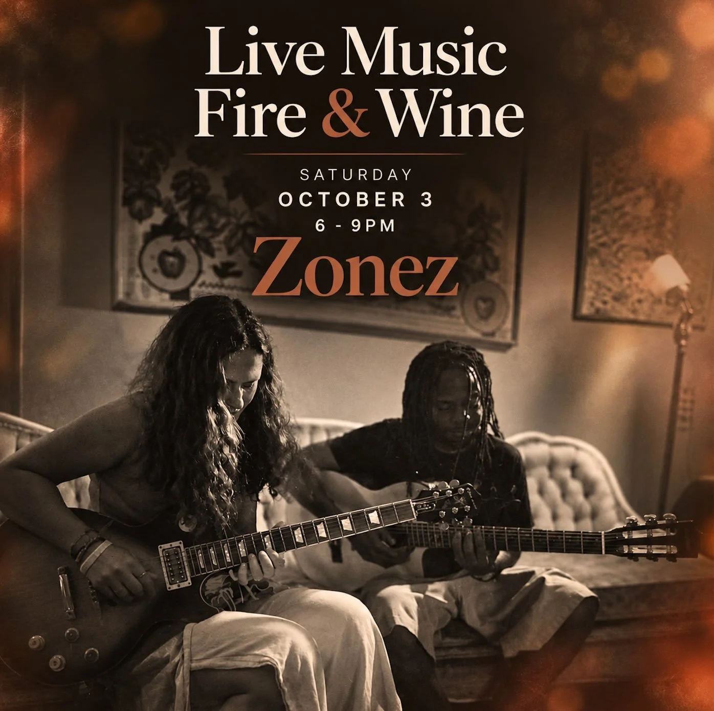Join us for Live Music Fire &amp; Wine with Zonez! 🍷🔥 Enjoy half-priced bottles of wine, a cozy fire pit in the courtyard, complimentary marshmallows, and s&rsquo;mores kits available for purchase from 6-9pm.
Savannah-based duo Zonez blends blues, 
