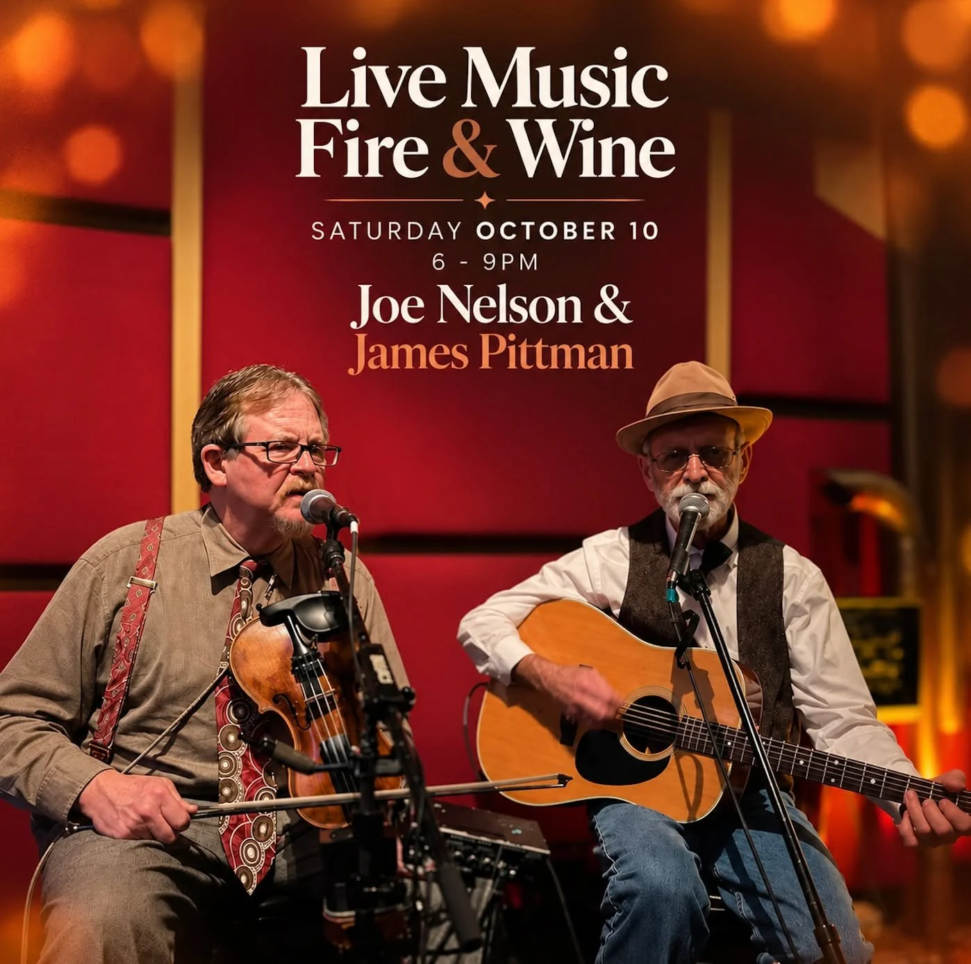 Join us for Live Music Fire &amp; Wine from 6&ndash;9 PM 🍷🔥

Tonight&rsquo;s featured artist, Joe Nelson &amp; James Pittman, play roots music of the 1920s through the &lsquo;50s. Expect driving fiddle tunes, lots of harmony singing and selections 