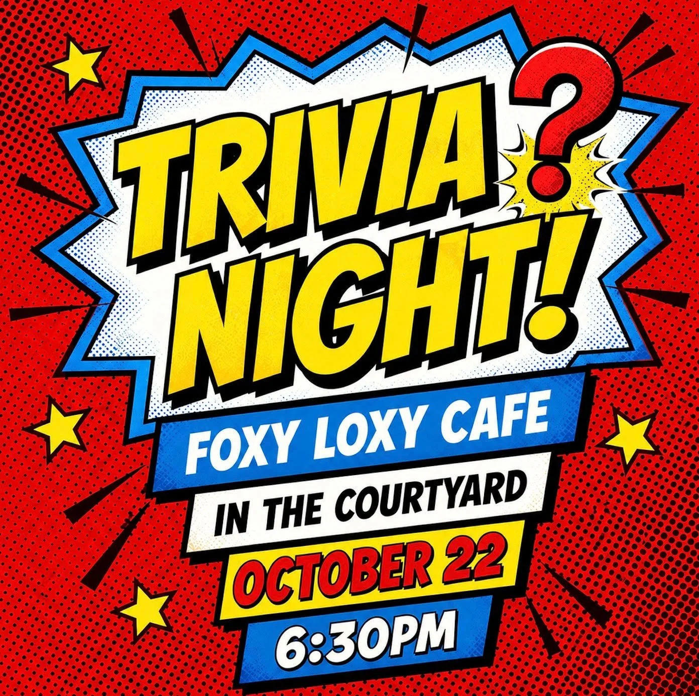 Trivia Night is back tomorrow! 🧠✨

Join us Thursday, October 22, at 6:30 p.m. in the courtyard for an evening of fun questions, friendly competition, and great company. Hosted by our own Syd Story, Trivia Night is the perfect excuse to gather your c