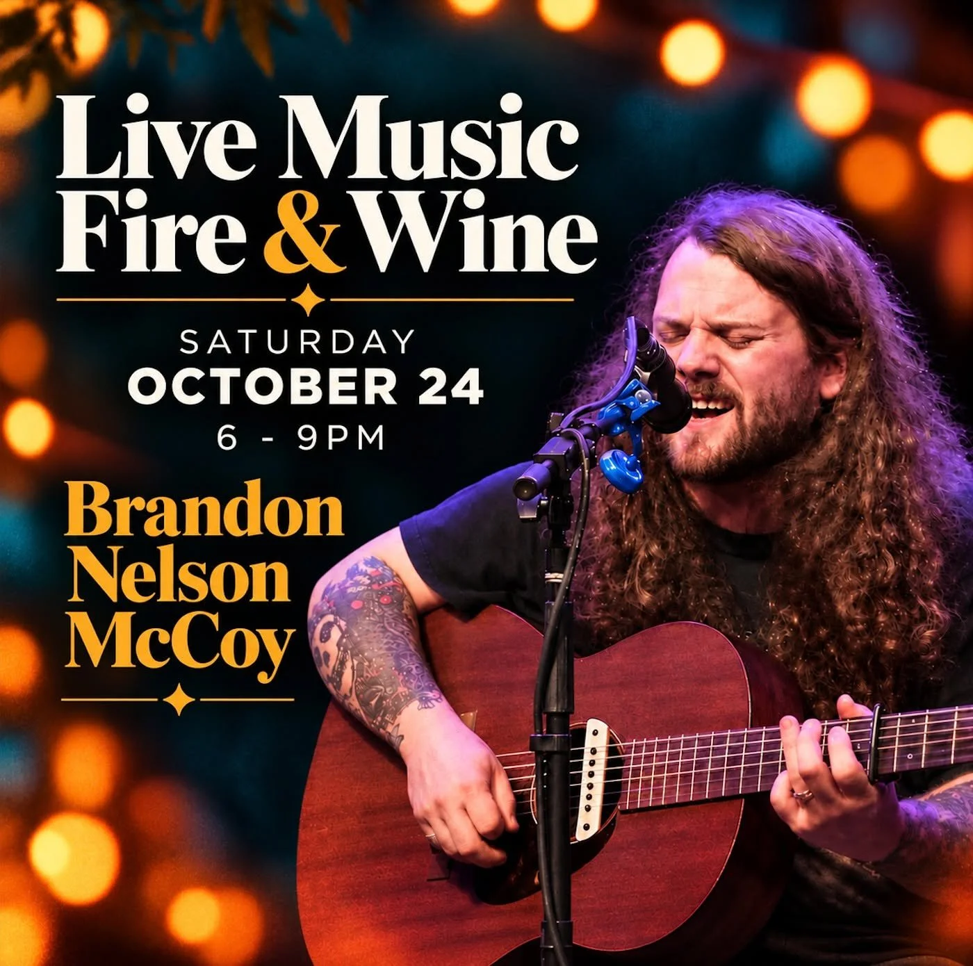 Join us Saturday, October 24 for Live Music Fire &amp; Wine from 6&ndash;9 p.m. 🍷🔥

Enjoy half-priced bottles of wine, gather around the fire pit in the courtyard, and make the most of a cozy evening with friends. Complimentary marshmallows will be