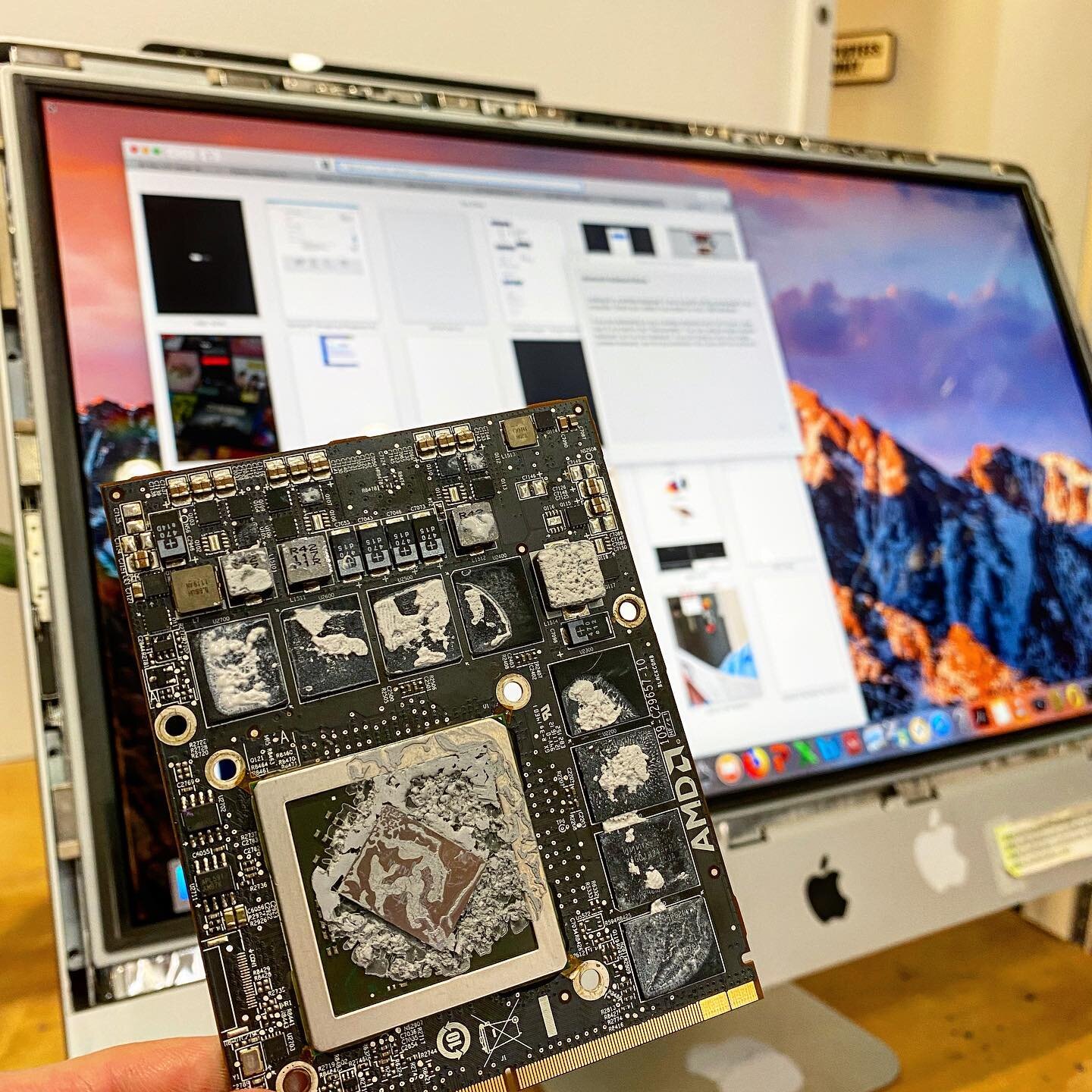 When years of dust and poor ventilation build up inside of your iMac it usually leads to this. GPU replacement on this 2011 27&rdquo; iMac. Along with a new ssd and a full cleaning this thing will last for years to come. #rocketrepairwi