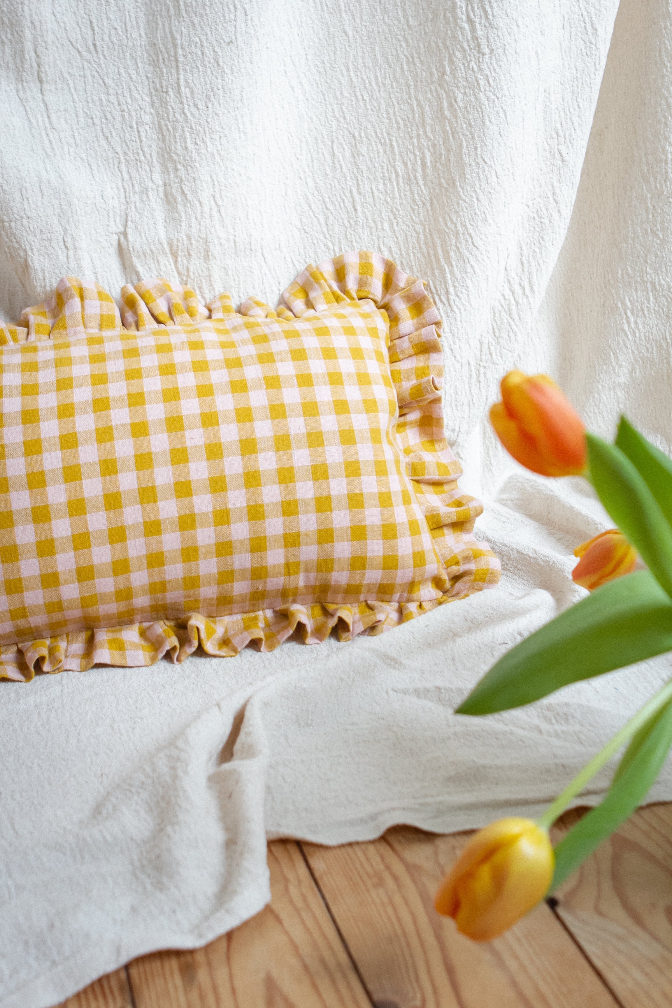 gingham linen cushions with frills handmade by Hedge