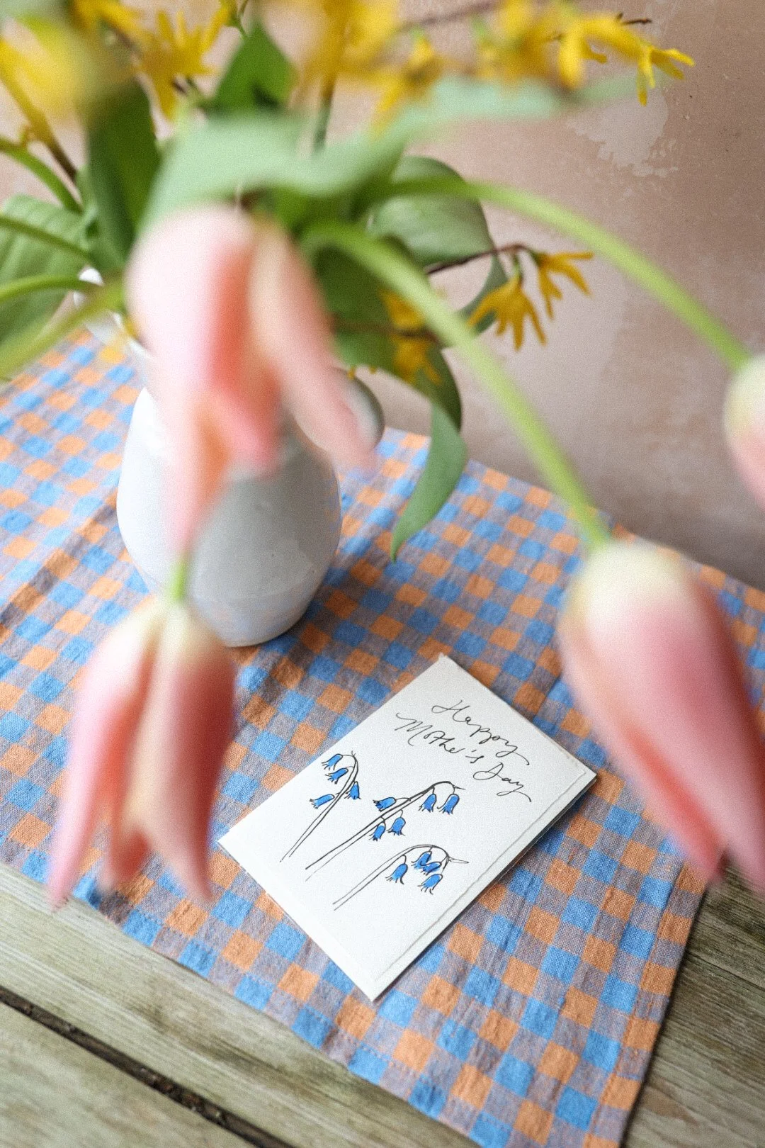 Mothers Day Flowers by Hedge - British grown tulips and yellow forsythia. Ethical flowers