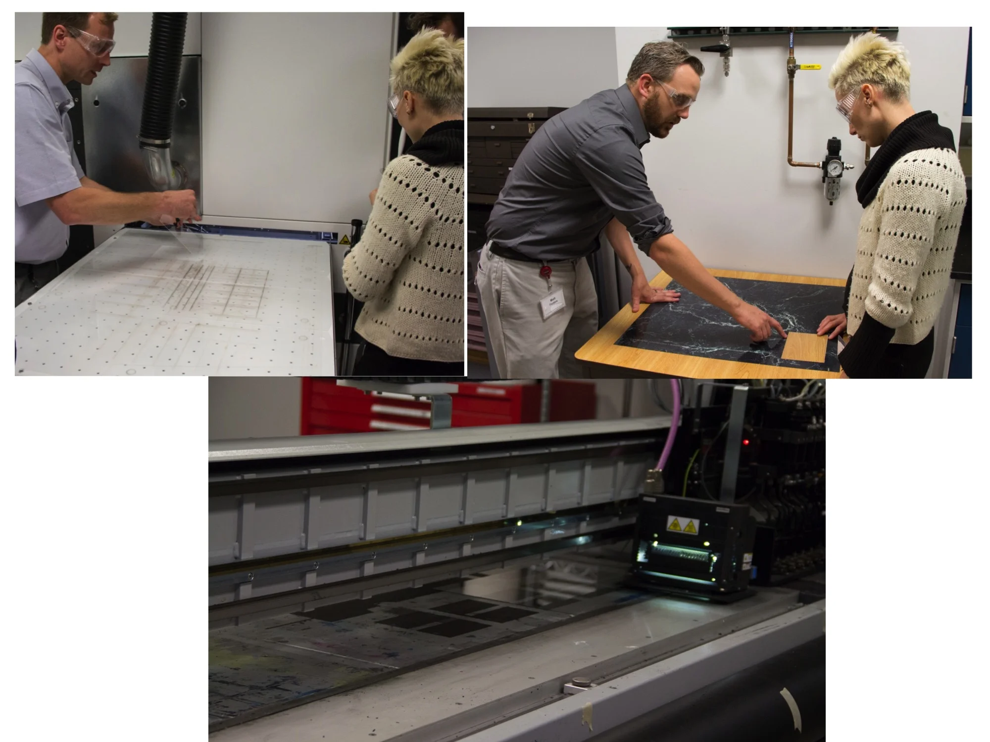 In the laser cutting and printing lab with Matthew Fenton and Michael Gaj. Looking at the process of the book project.