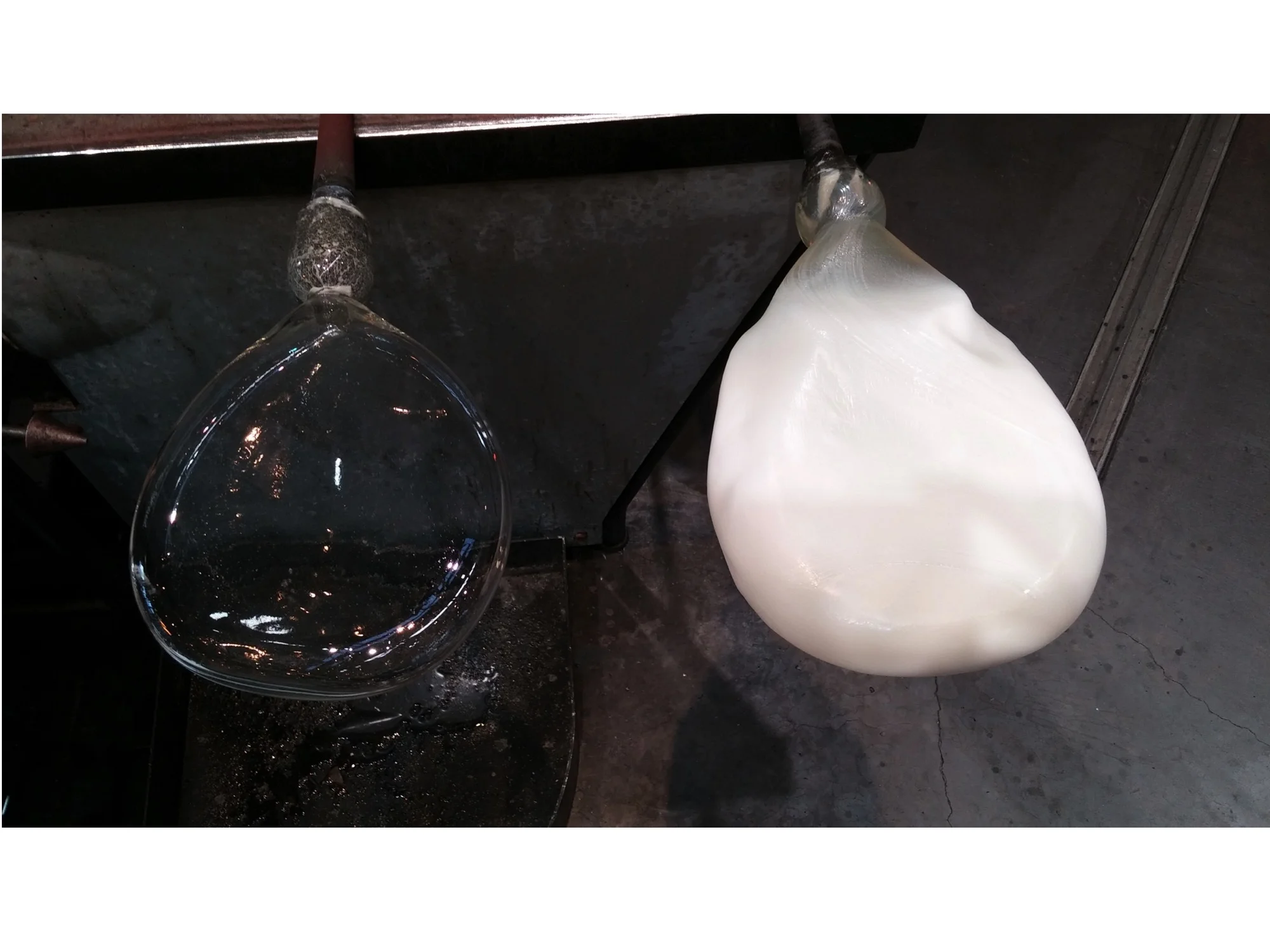 One blown form before reheating it and after it has been transformed into the ceramic after heating it.