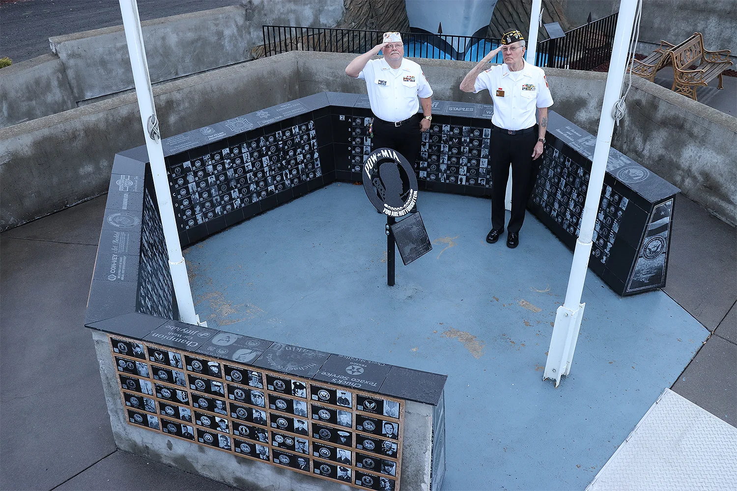 Post Quartermaster Mike Eakin (above left) and Post Commander Joe Wouters worked with local contractors to construct the VFW’s one-of-a-kind veterans memorial.