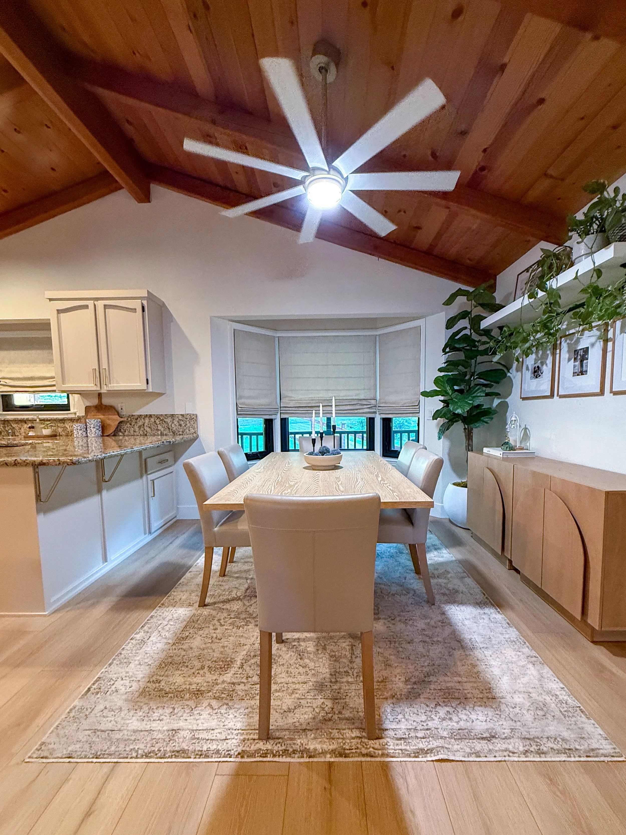 open concept home renovation, kitchen remodel, living room remodel, whole home renovation, light and airy interiors, vaulted wood ceilings, home refresh, custom built-ins, painted kitchen cabinets, interior renovation, pendant lighting