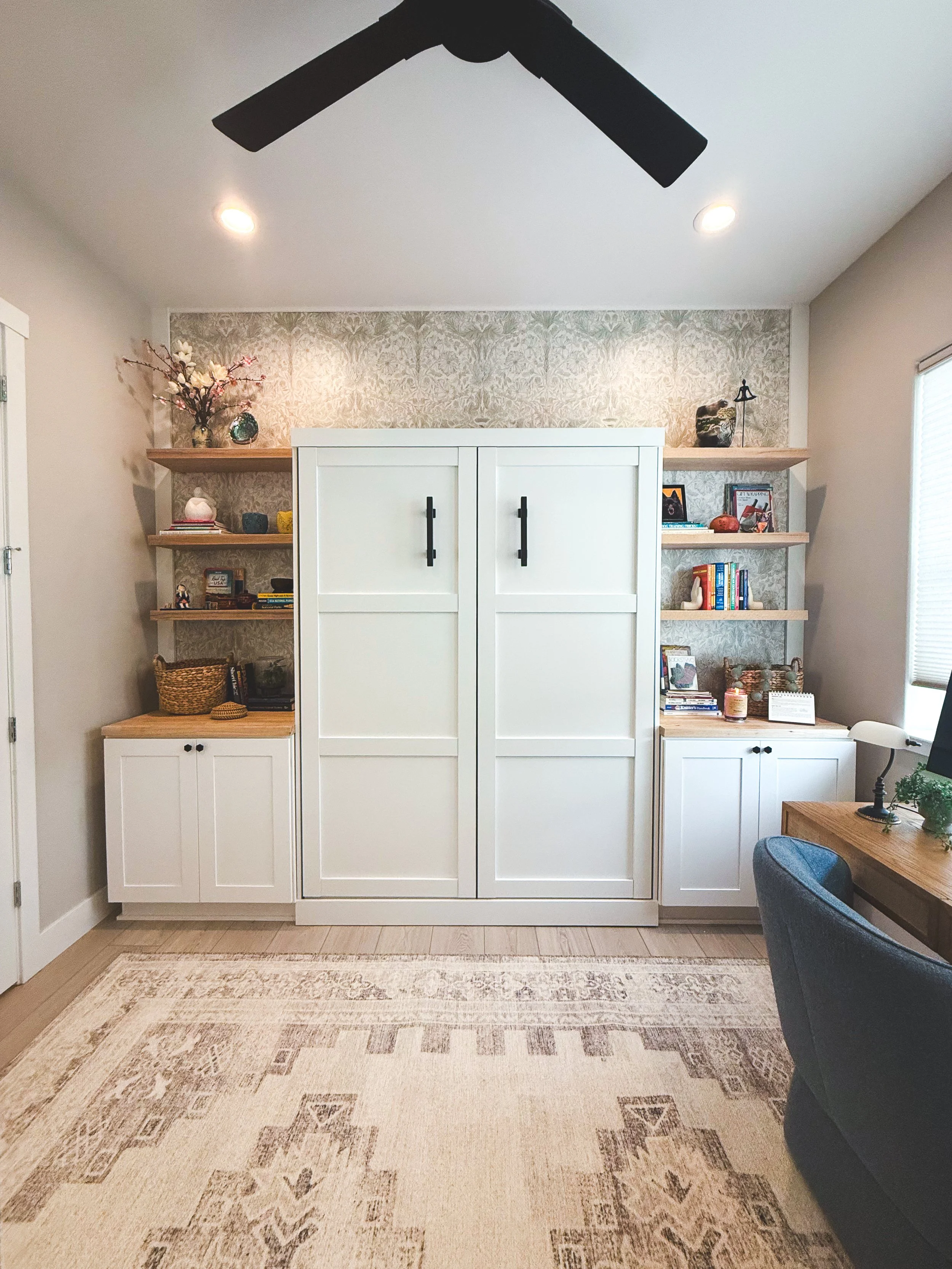 office remodel, light and airy, murphy bed, multifunction room, floating shelves, wallpaper, office decor, office, workspace, neutral office, office storage, multipurpose room, workout room, office refresh,