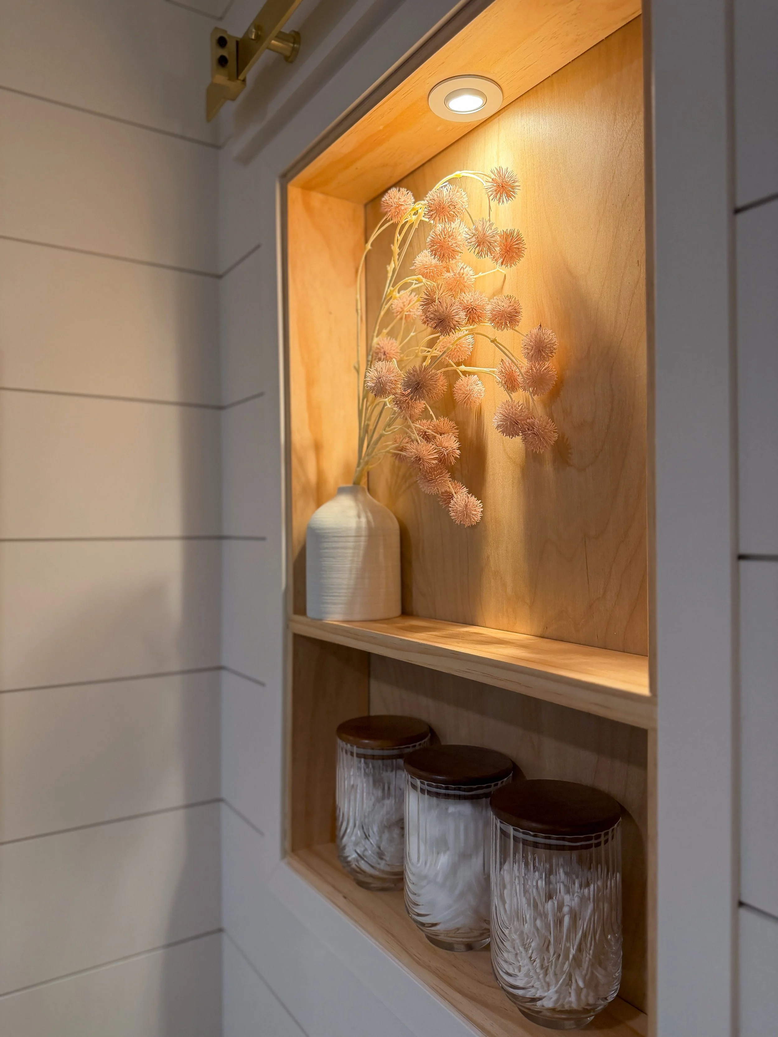 modern farmhouse bathroom, guest bathroom remodel, small bathroom remodel, bathroom renovation ideas, walk-in shower design, bathroom storage solutions, shiplap bathroom, modern farmhouse design, custom vanity, luxury guest bathroom, shower niche