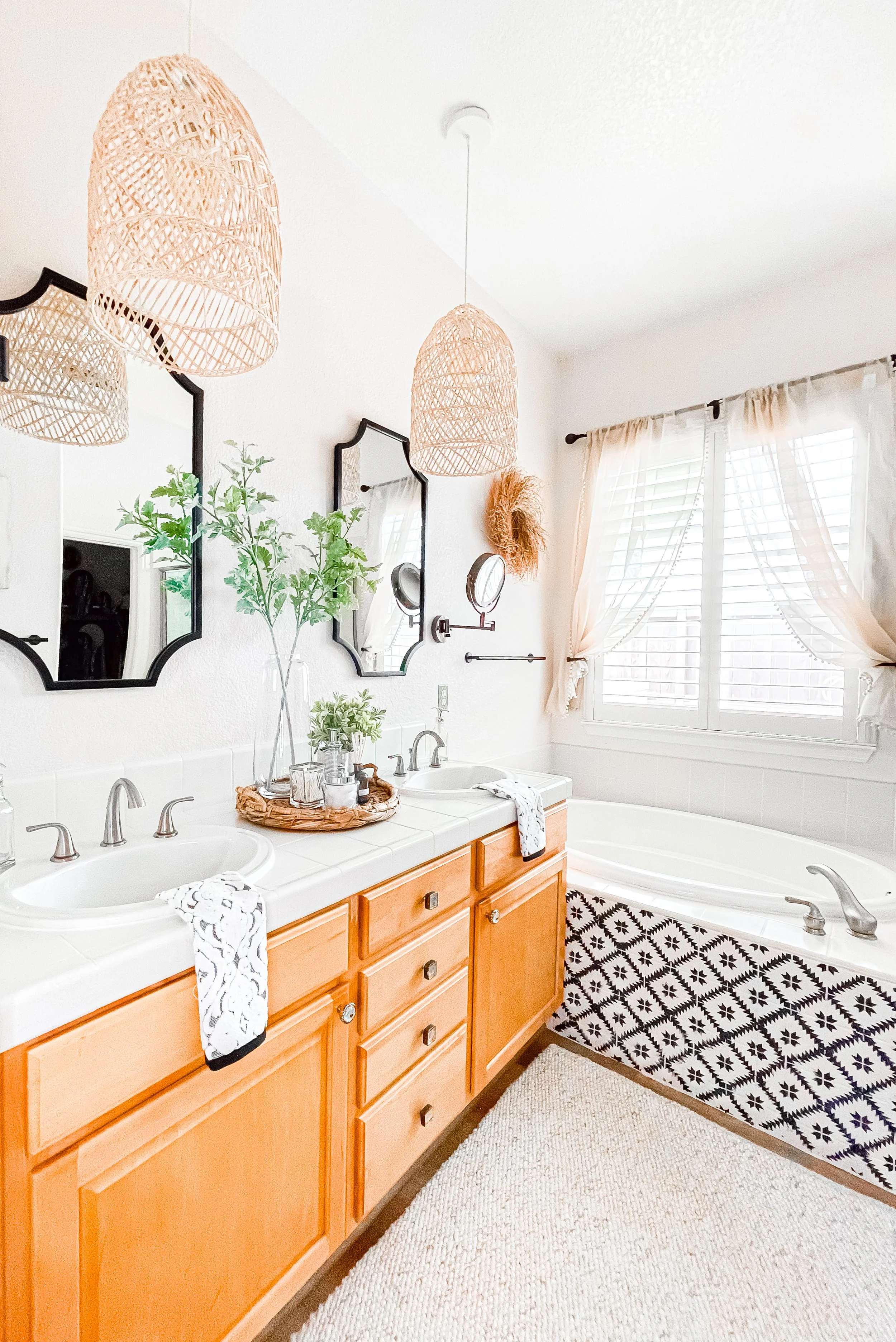 wicker shades, bathroom, remodel, bathroom remodel, facelift, mediterranean, decor, design, boho, tile, paint