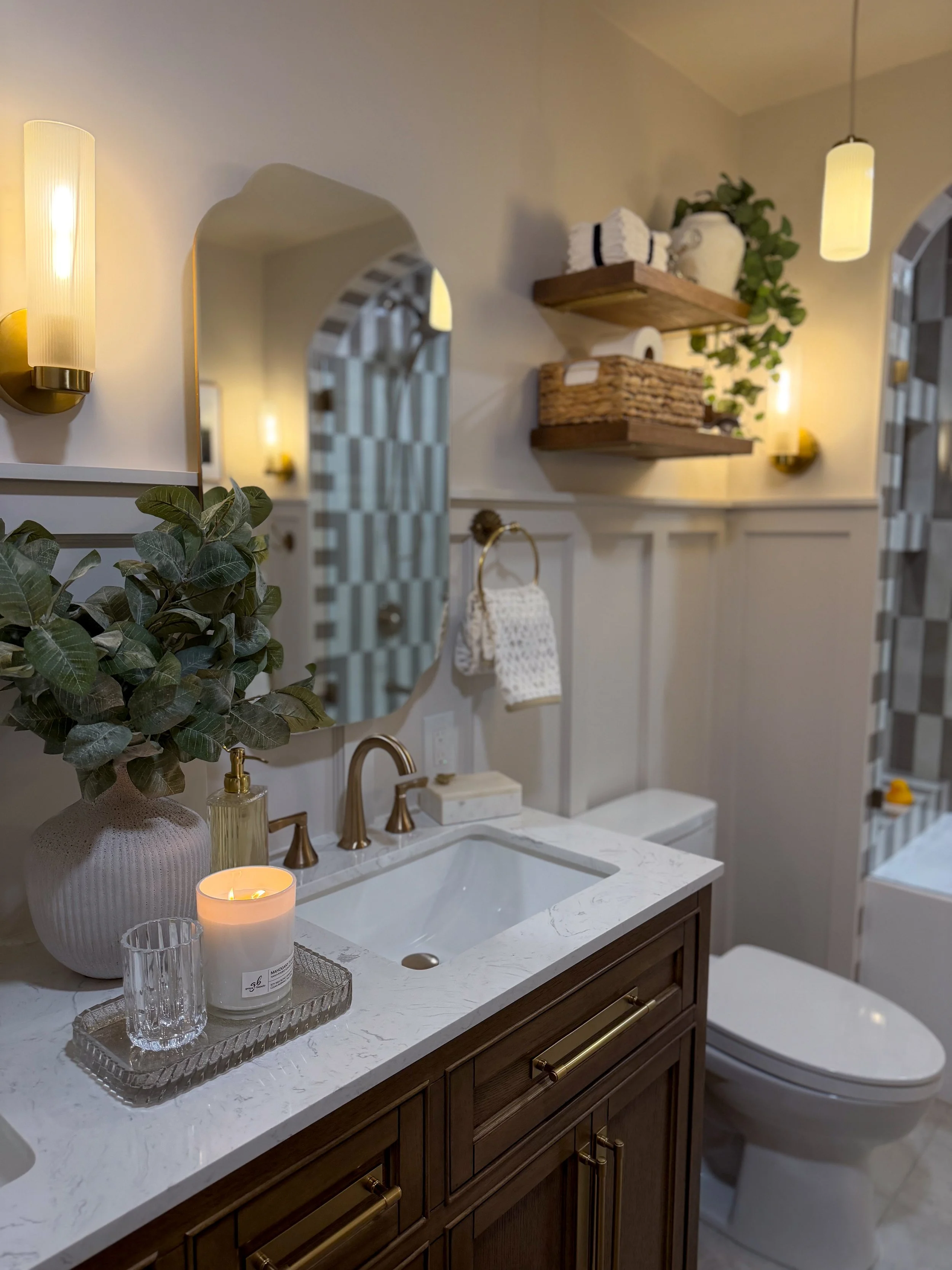 kids bathroom renovation, modern traditional bathroom, transitional bathroom design, family bathroom remodel, bathroom tile design ideas, bathroom storage solutions, interior design bathroom, timeless bathroom design, durable bathroom, arched shower